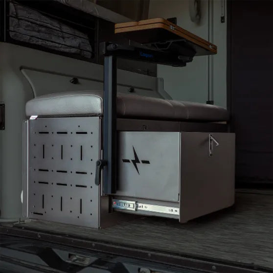 GLSS Driver PRO drawer and lounge storage system installed in rear of Revel van.