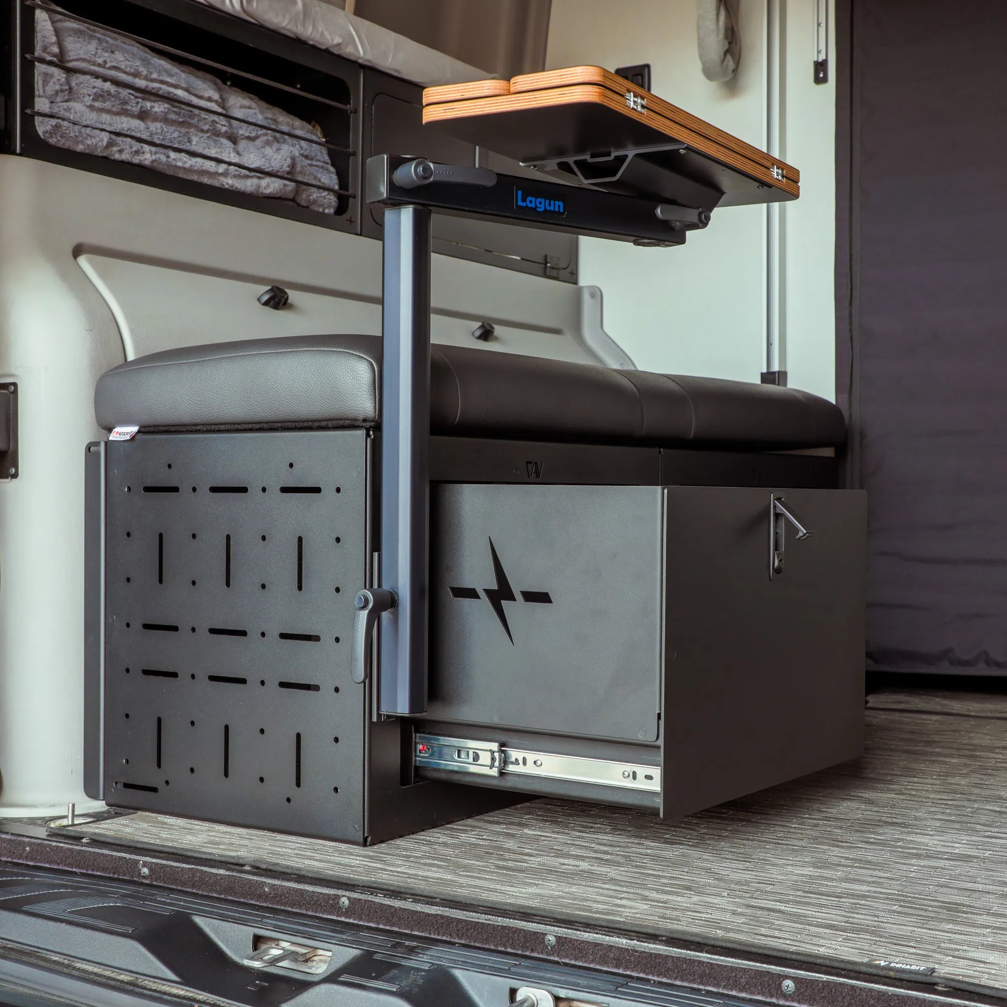 GLSS Driver PRO drawer storage system installed in a Winnebago Revel van with Lagun table mount