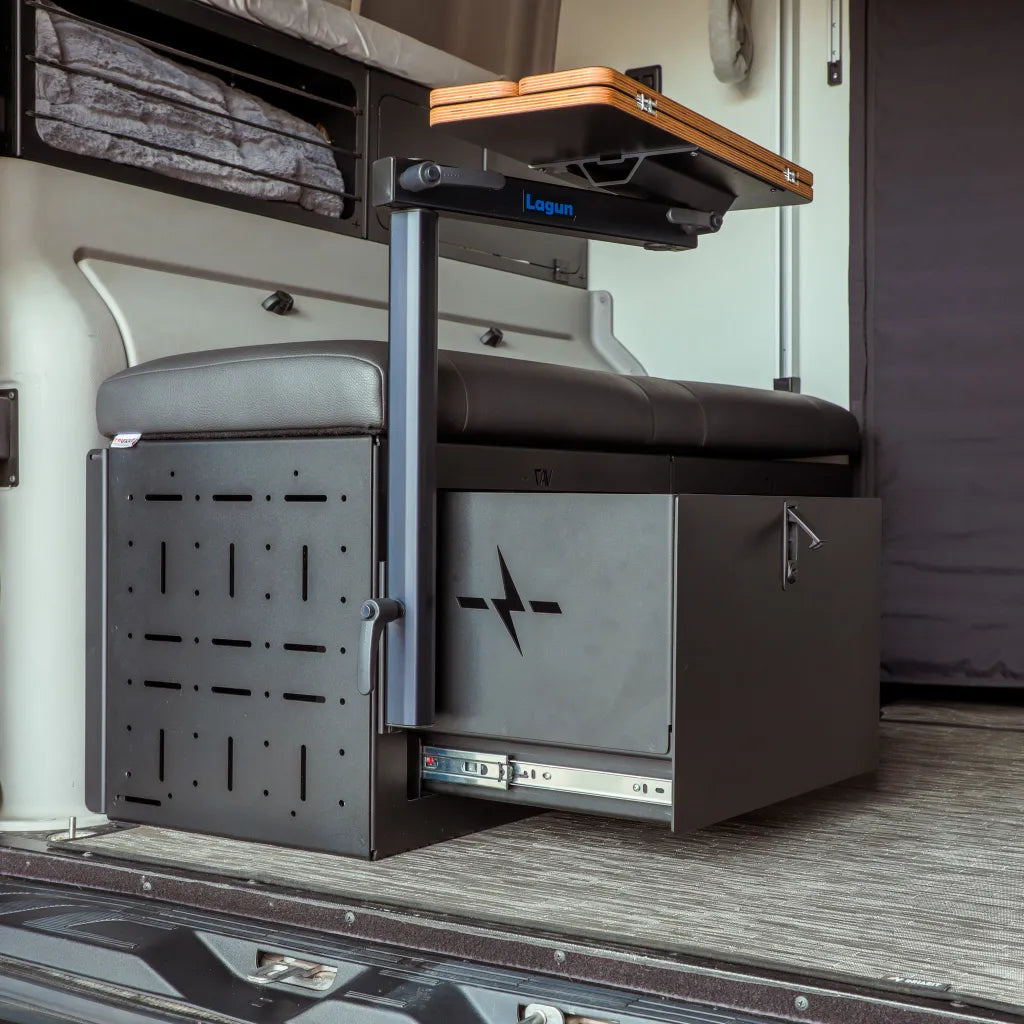 GLSS Driver PRO drawer and lounge storage system installed in rear of Revel van with table extended