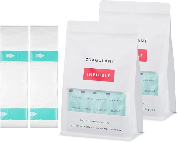 Refill bags and coagulant for Modiwell and GoBoxe dry flush toilets, shown in a photo of packaging and products.