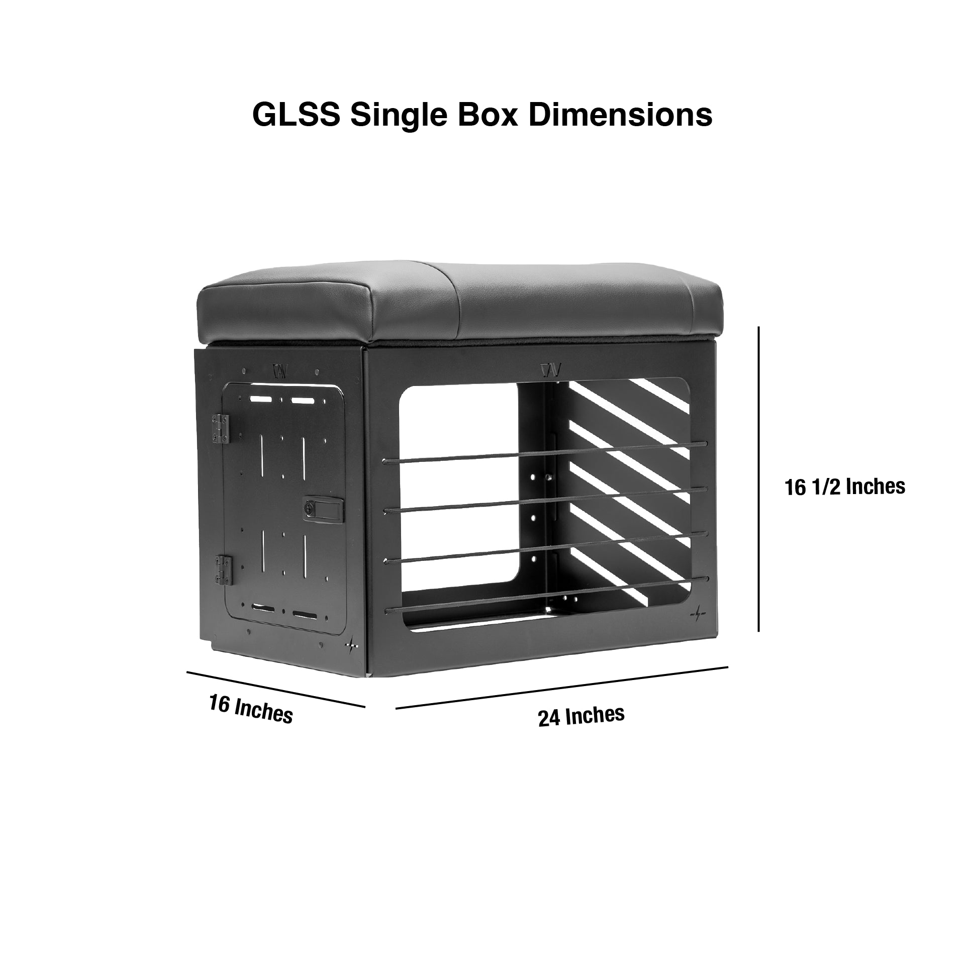 GLSS PRO drawer box with cushioned top and open metal frame, shown with labeled dimensions.