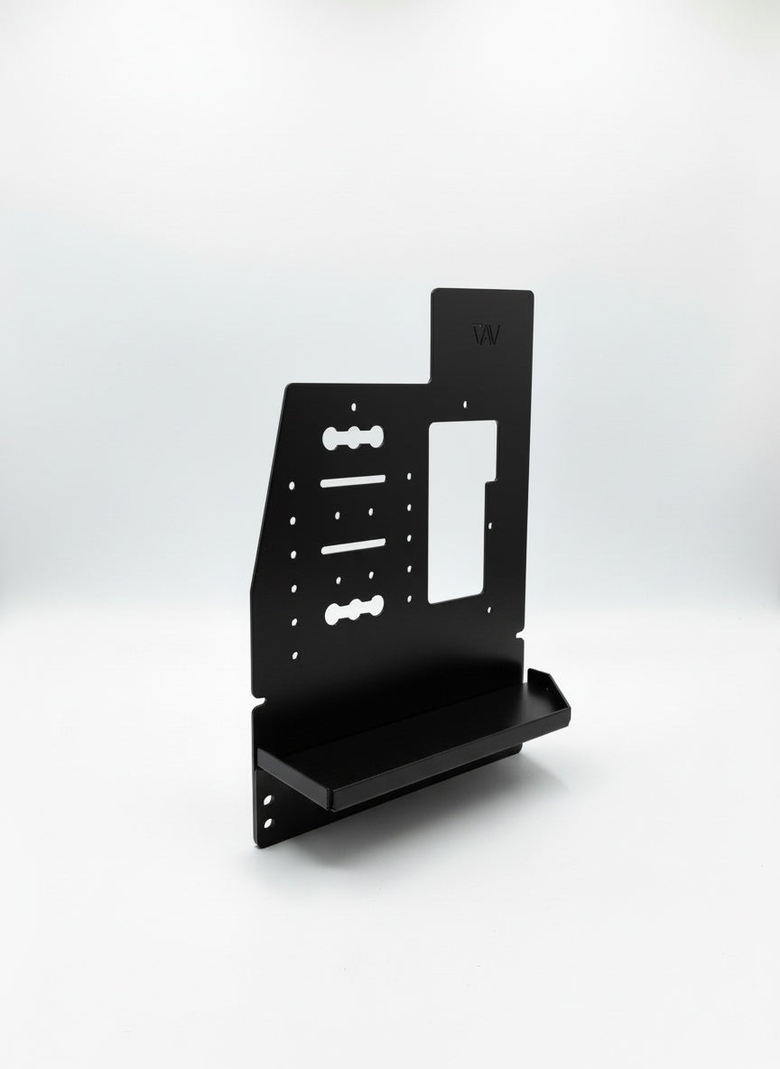 Black Canyon Kitchen Caddy by Storyteller with shelf and cutouts for van wall mounting