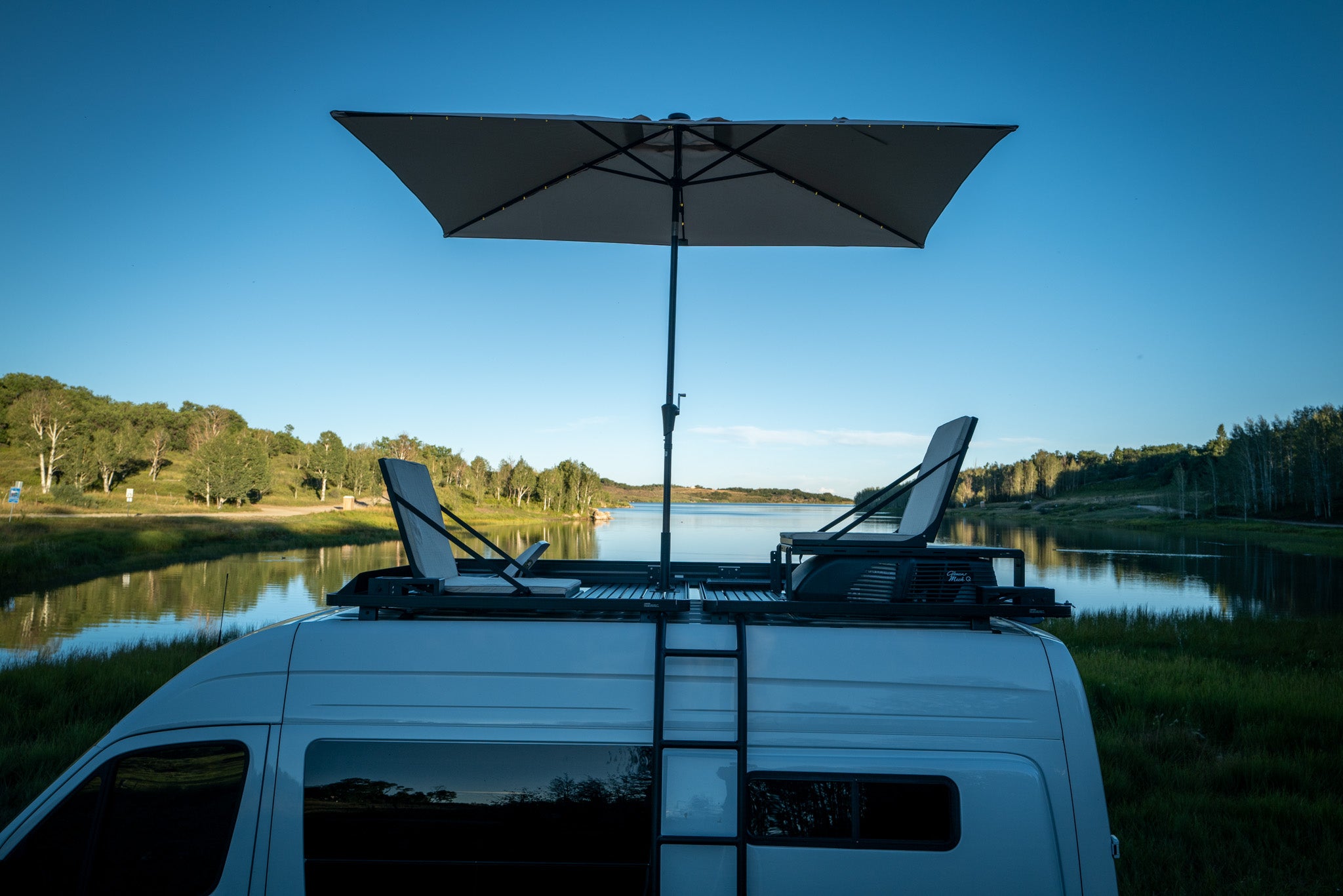 Storyteller Overland rooftop seating system mounted to front runner roof rack