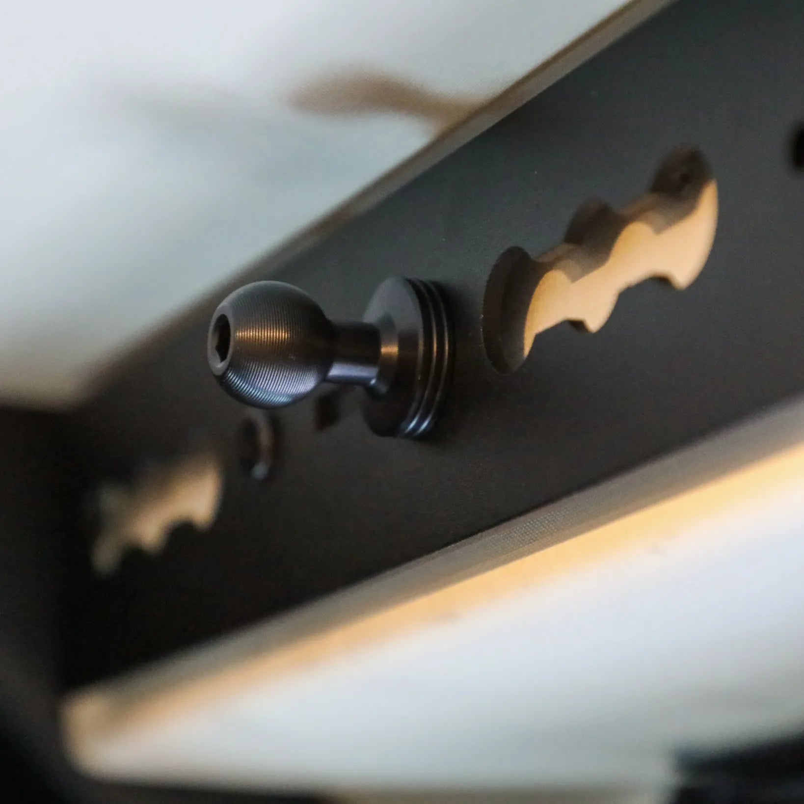 Close-up of L-Track Pro rail with a mounting point in a Storyteller Overland Mode van ceiling.