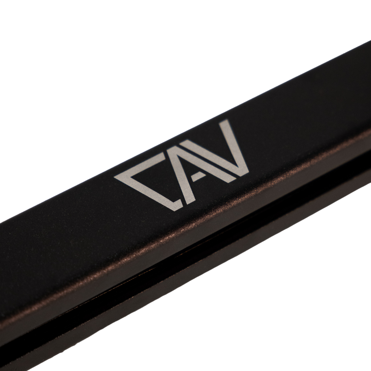 Close-up of CAV logo on a black Canyon Table Leg System support bar.