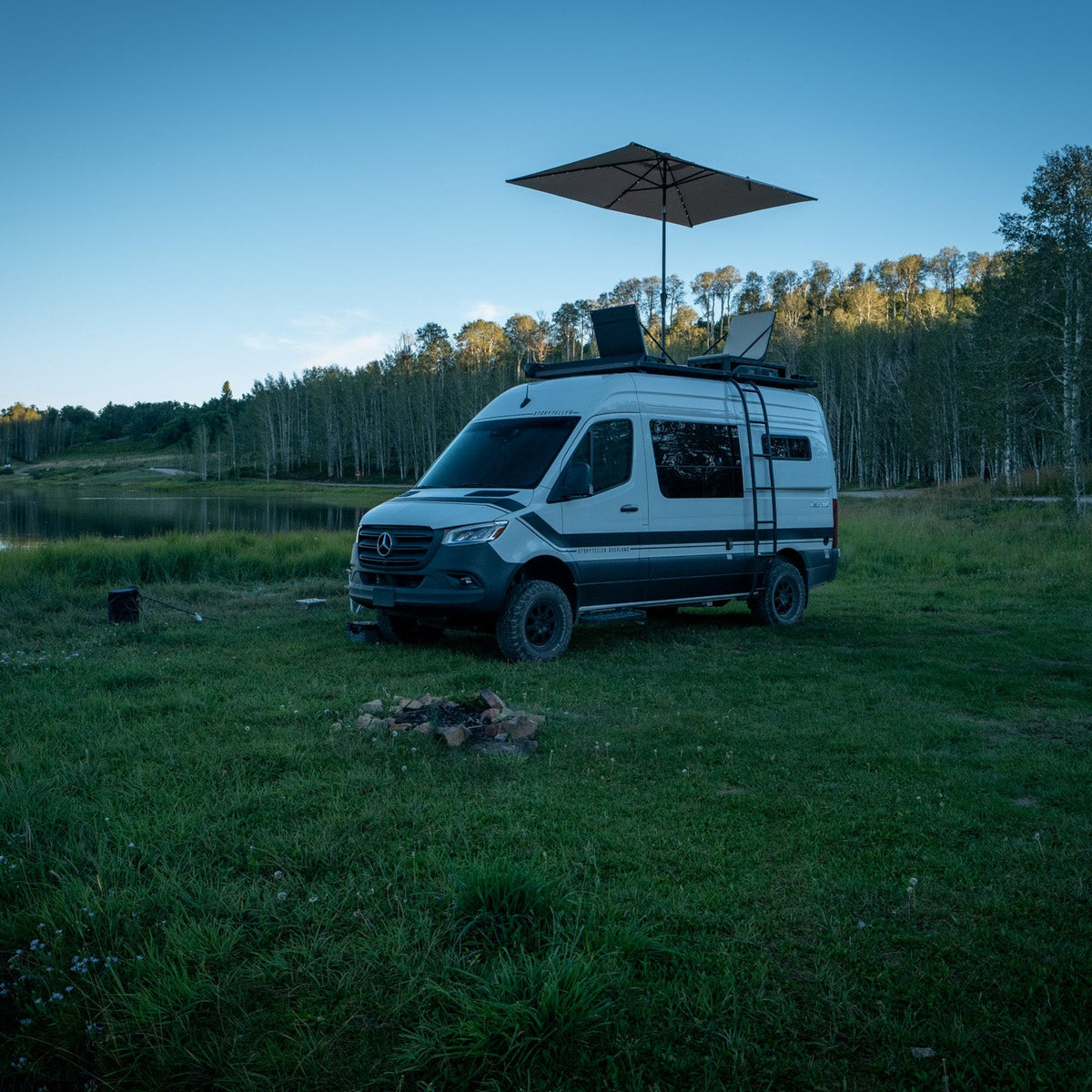 CAV rooftop lounge folding seats mounted on adventure van roof rack