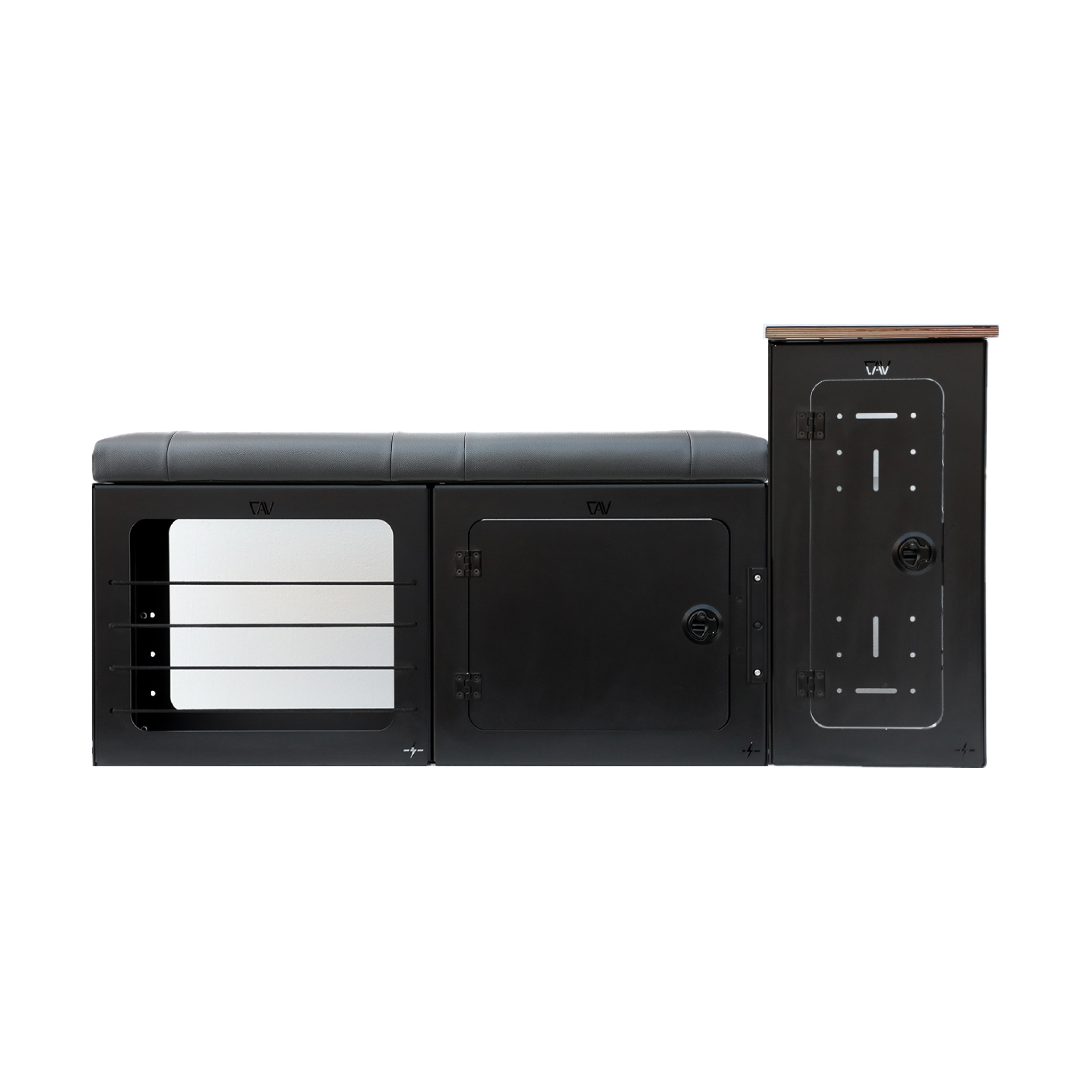 GLSS Passenger PRO seat and H2O box set installed in a van layout for 20212024 Revel models.