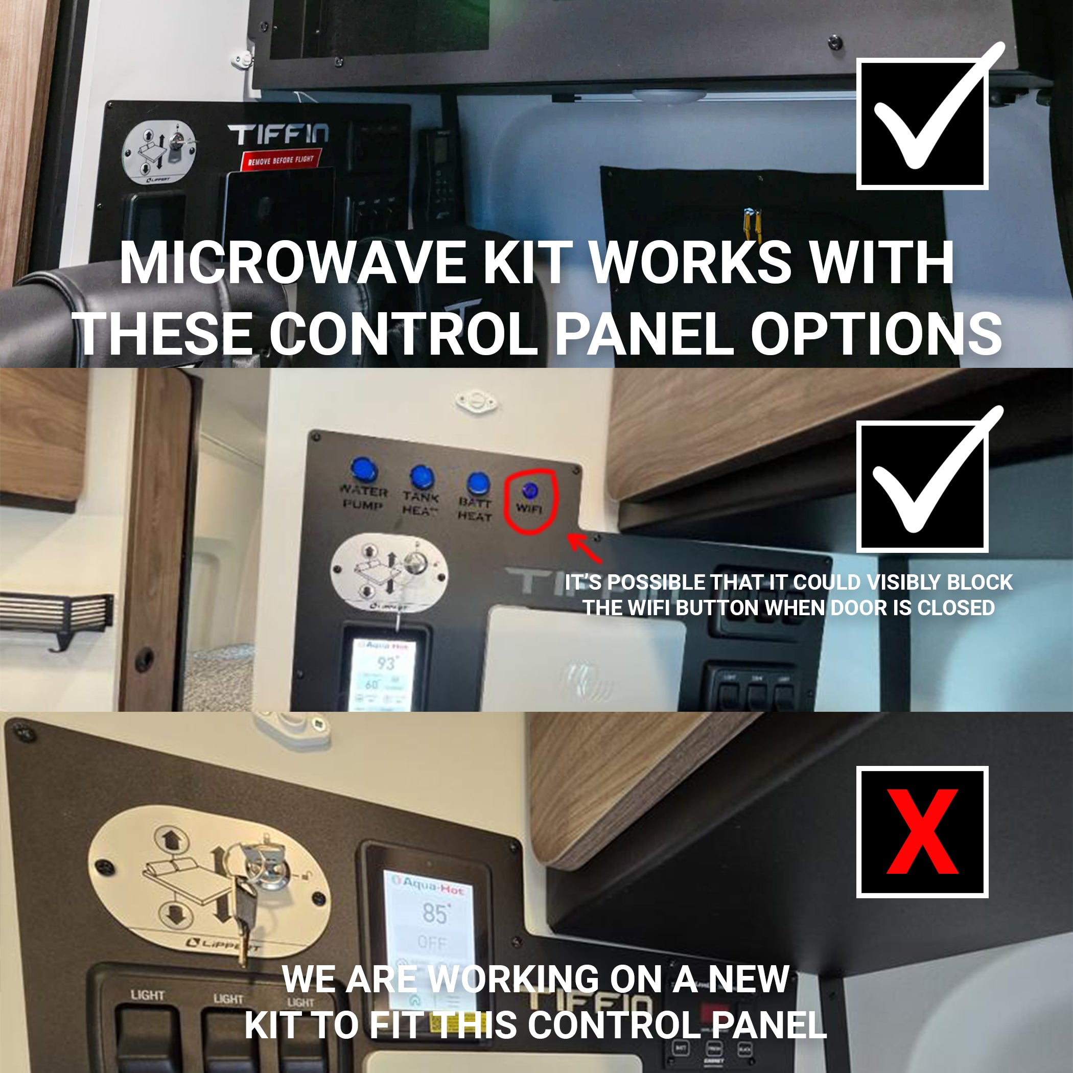 Tiffin GH1 microwave kit compatibility shown with different van control panels