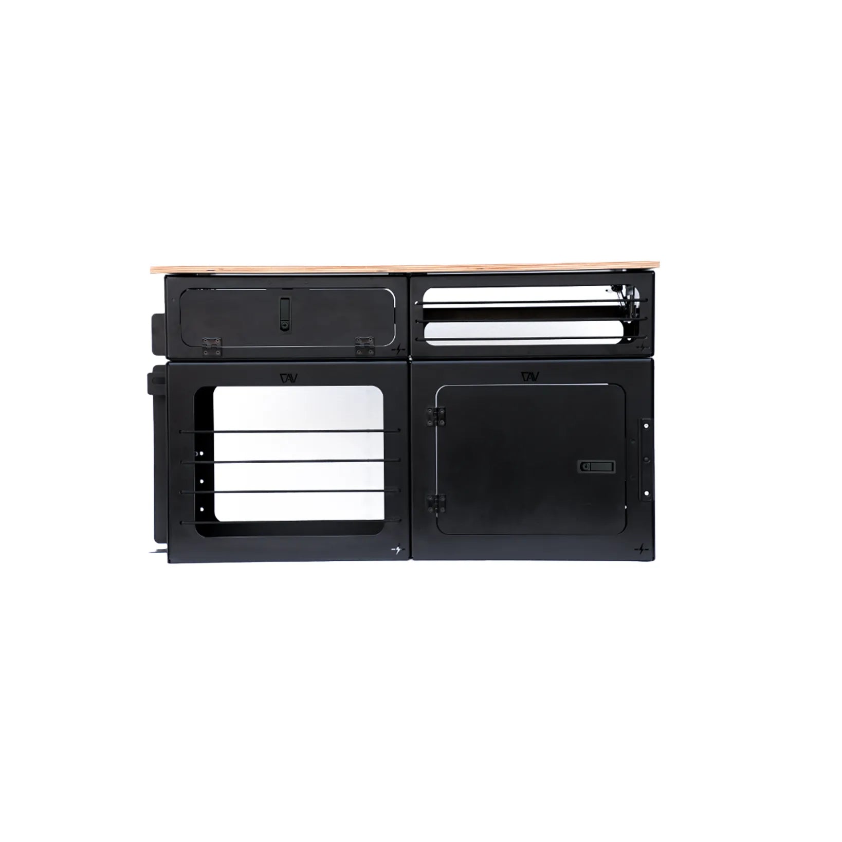 GLSS Pro storage system set for van driver and passenger sides with compartments and black panel finish