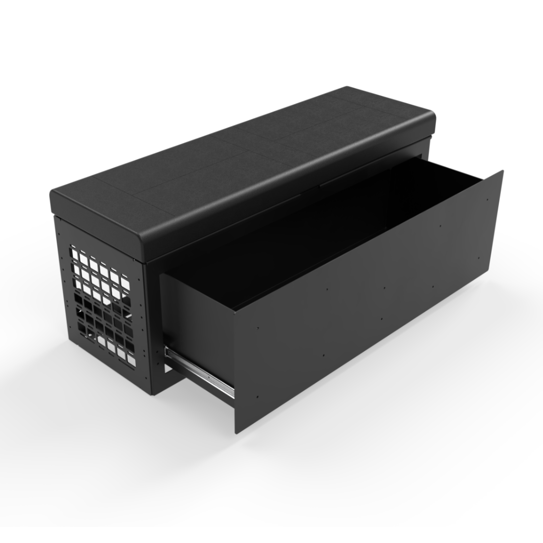 GLSS bench seat with large pull out drawer. Perfect for revels, storytellers, jayco terrain and entegra launch vans.