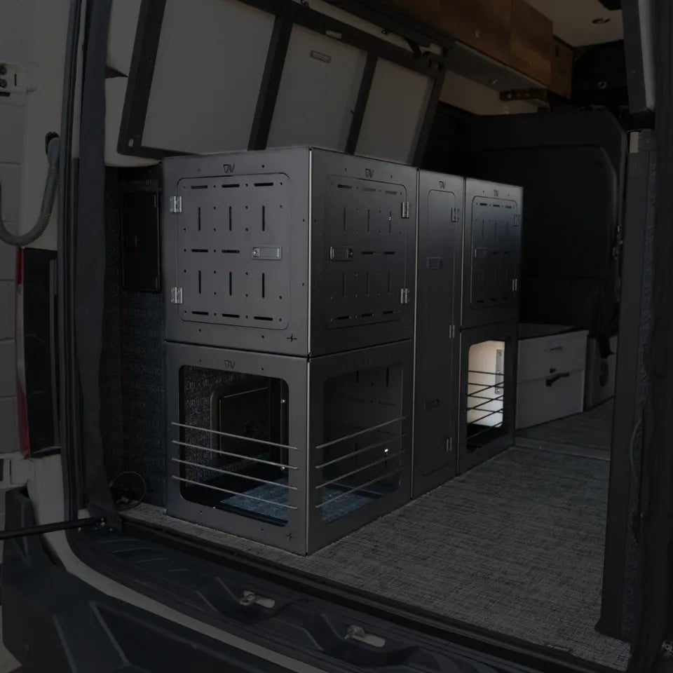 GSS PRO garage storage system installed in the rear cargo area of a Storyteller van