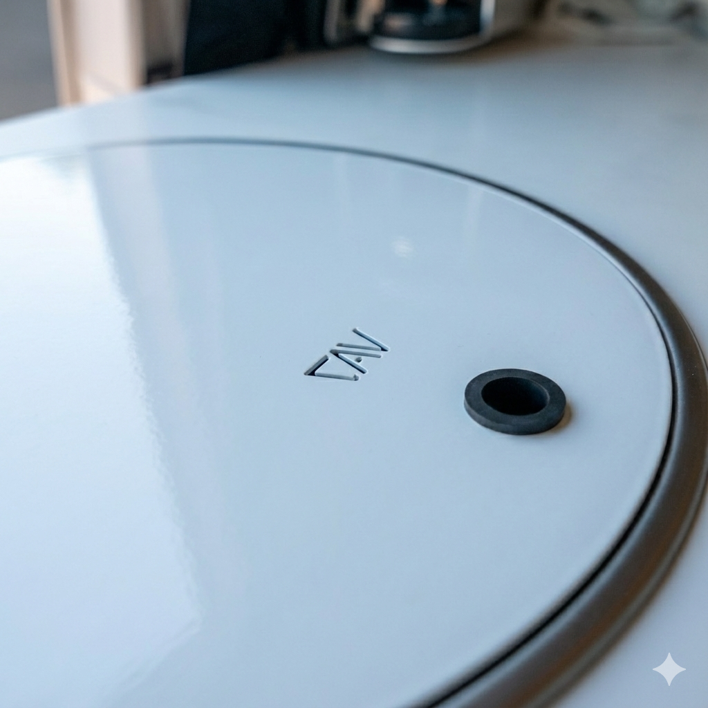 Close-up of Storyteller aluminum sink cover with engraved logo in van kitchen
