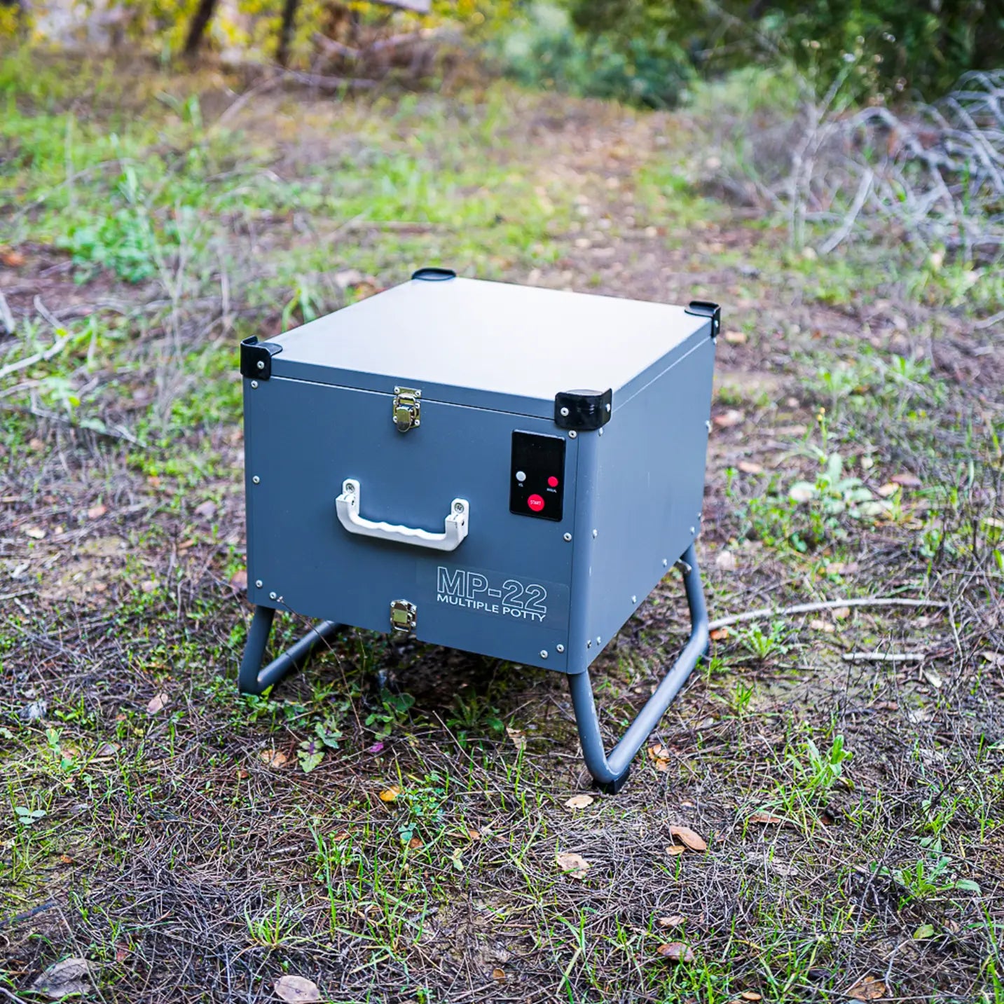 Image of the GoBoxe automatic mobile toilet with handle and compact design.