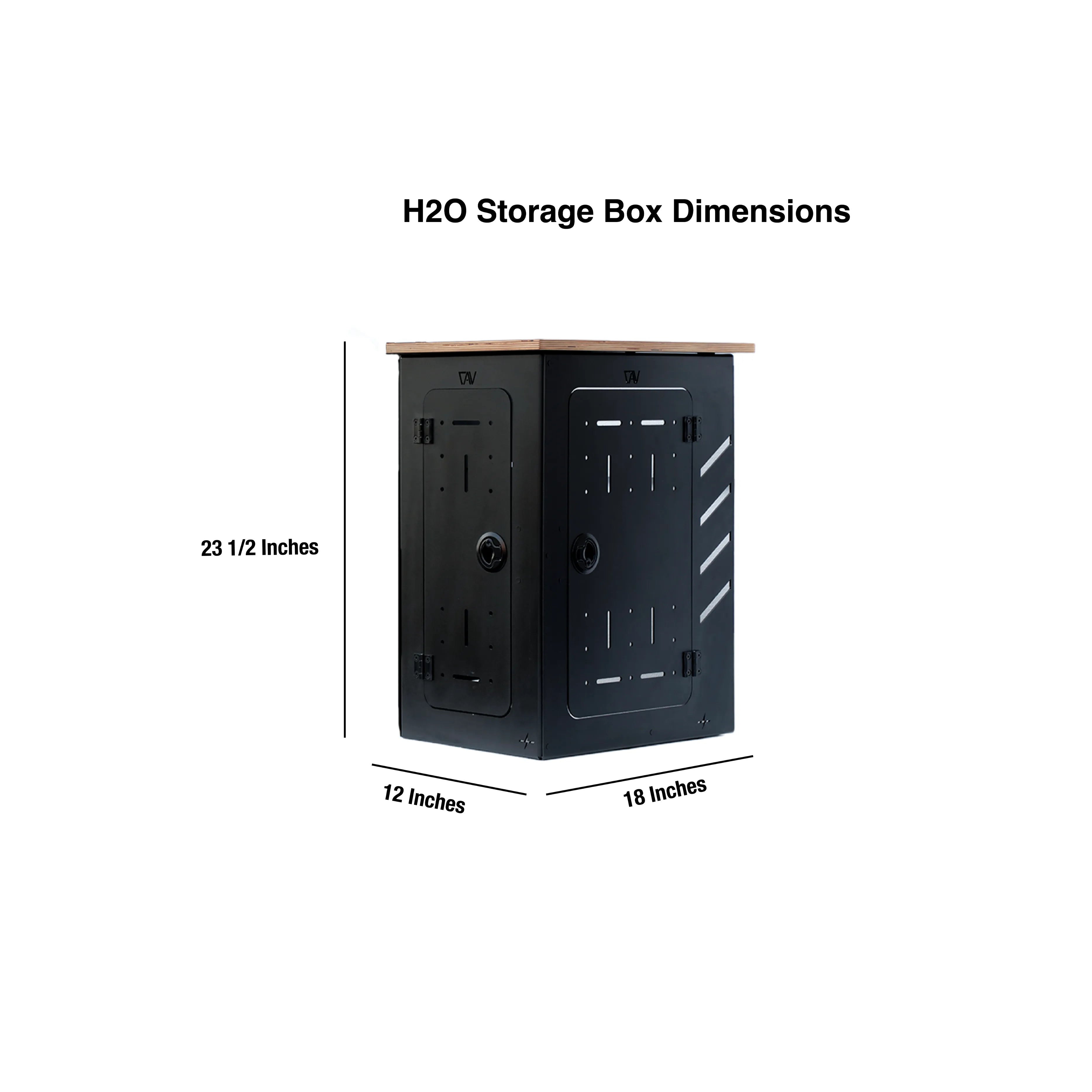 Side and front view of the H2O Storage Box PRO with labeled dimensions in inches