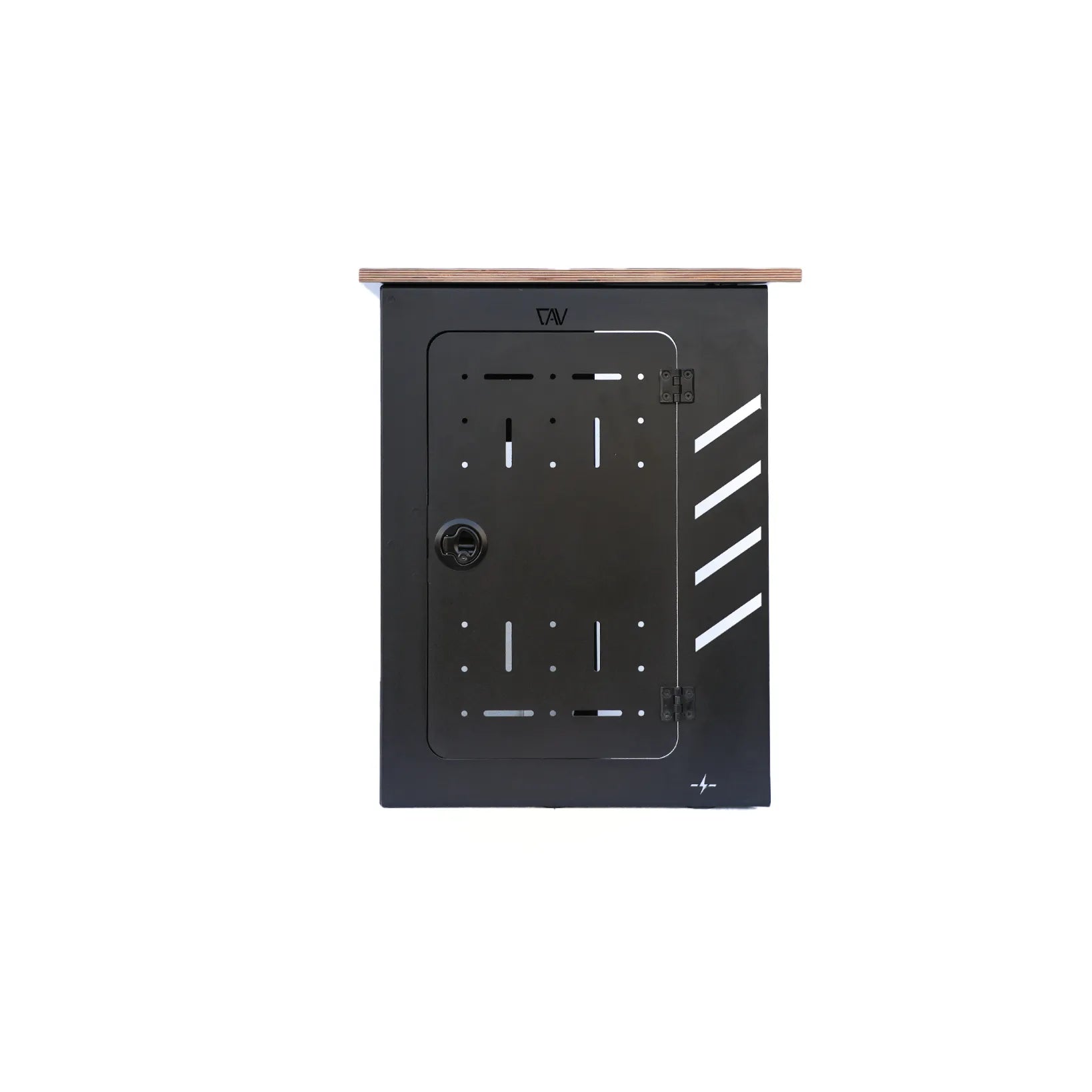 H2O Storage Box PRO by CAV with black panel and wooden top for van water storage
