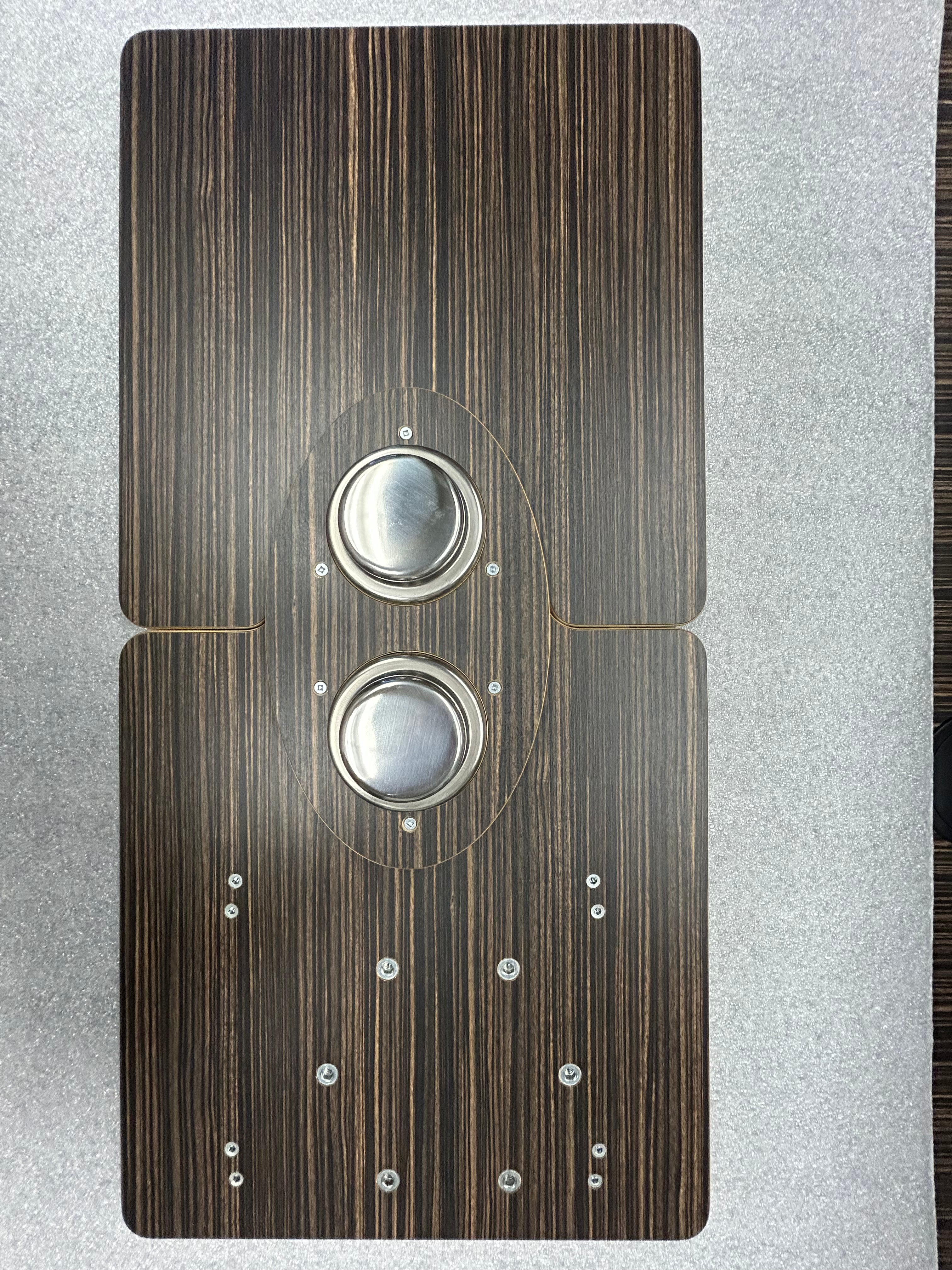 Revel Jenna 2.0 folding table top with dual recessed cup holders on dark wood finish.