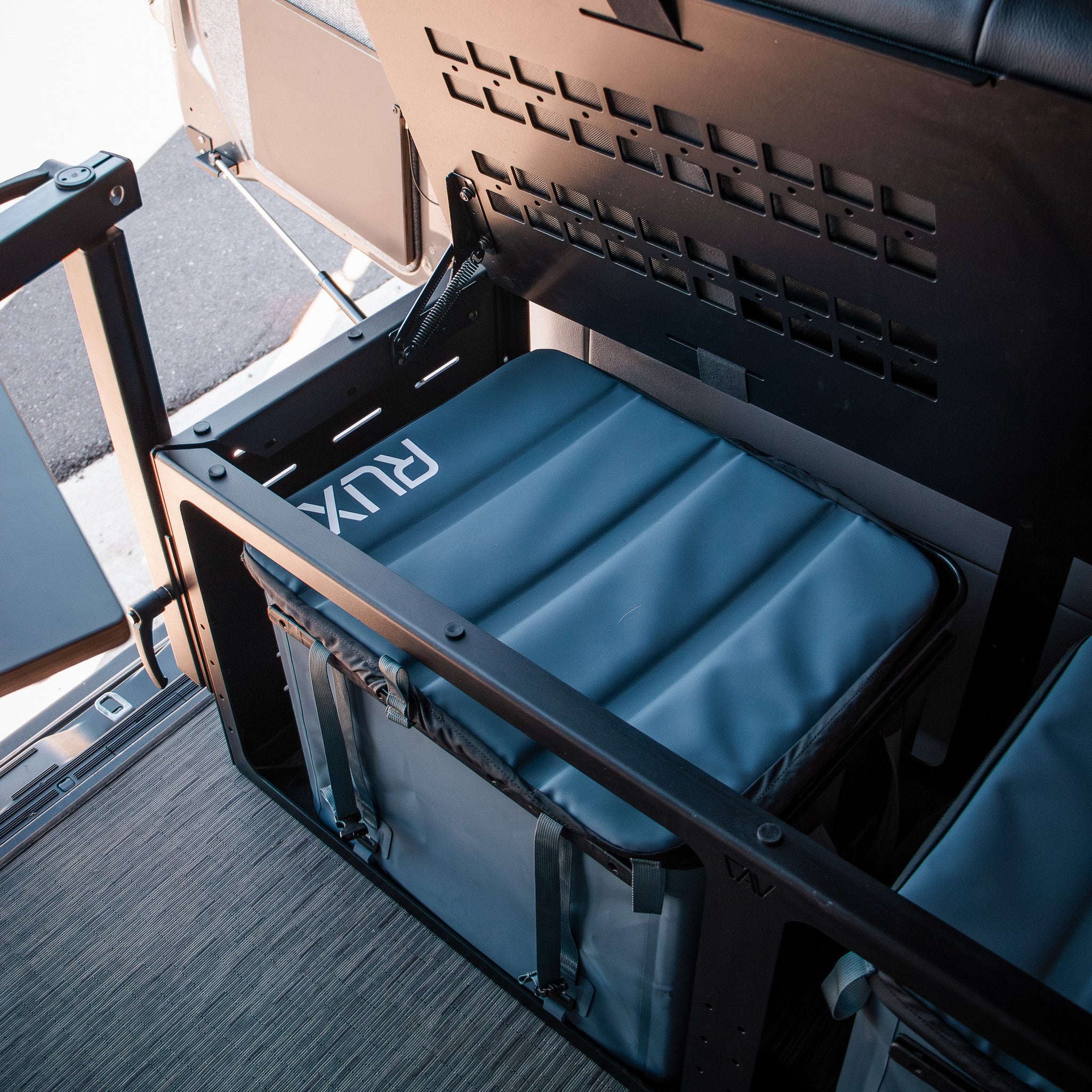GLSS Rux storage bins by RUX under van bench seat with foldable lid and strap system
