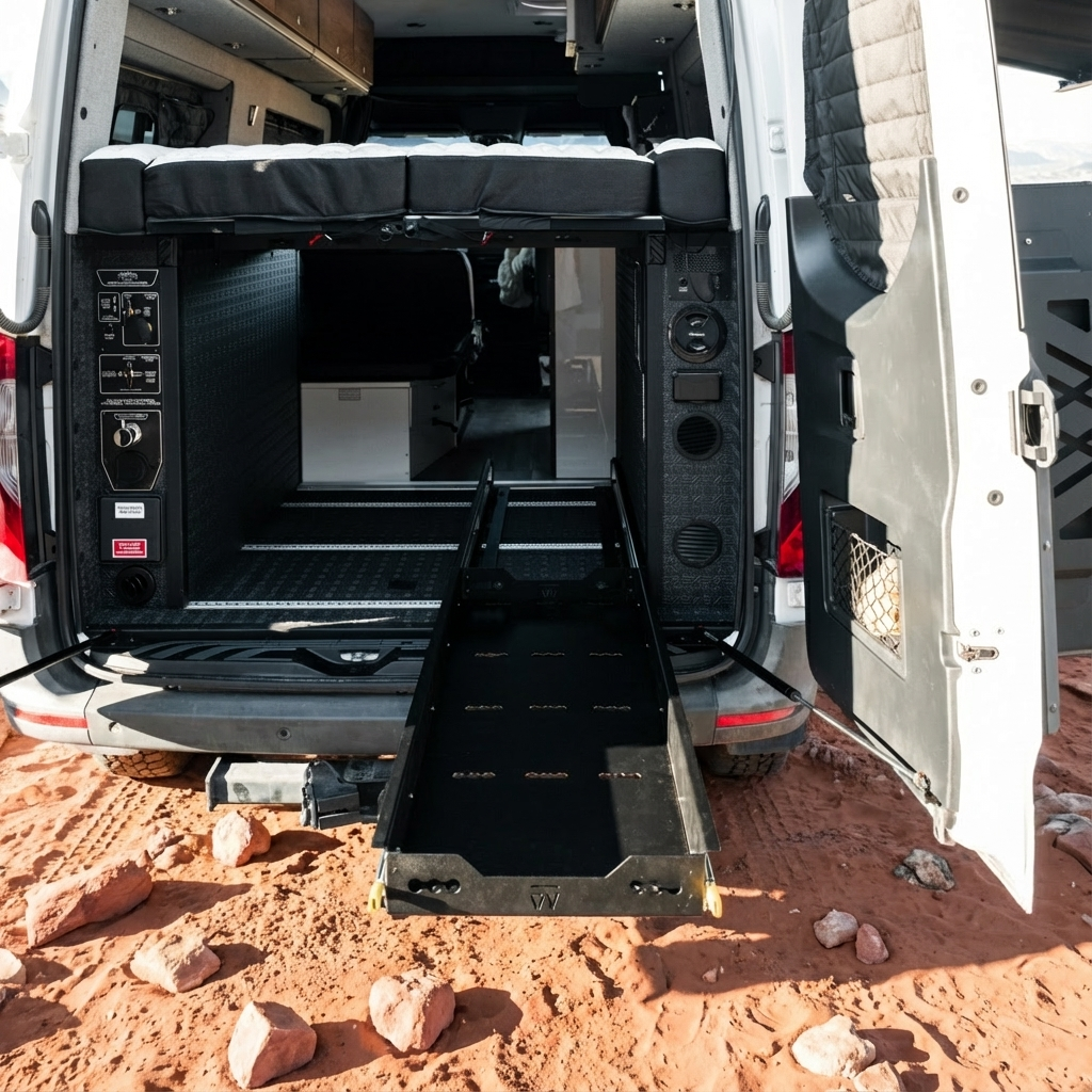 Extended 48-inch cargo tray slide deployed from rear of a van with open doors on a rocky terrain.