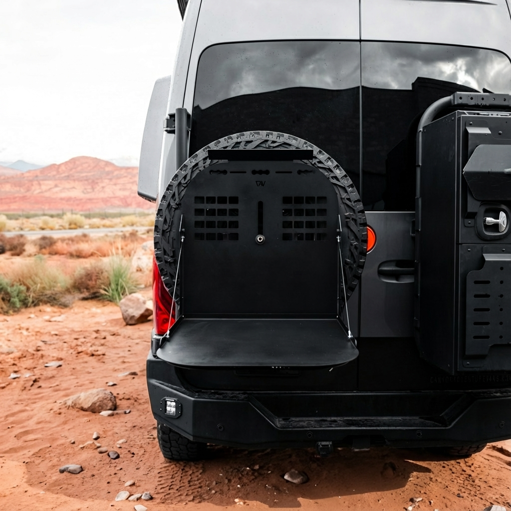 Canyon Tire Carrier Drop Table mounted on rear spare tire of a black van in desert setting