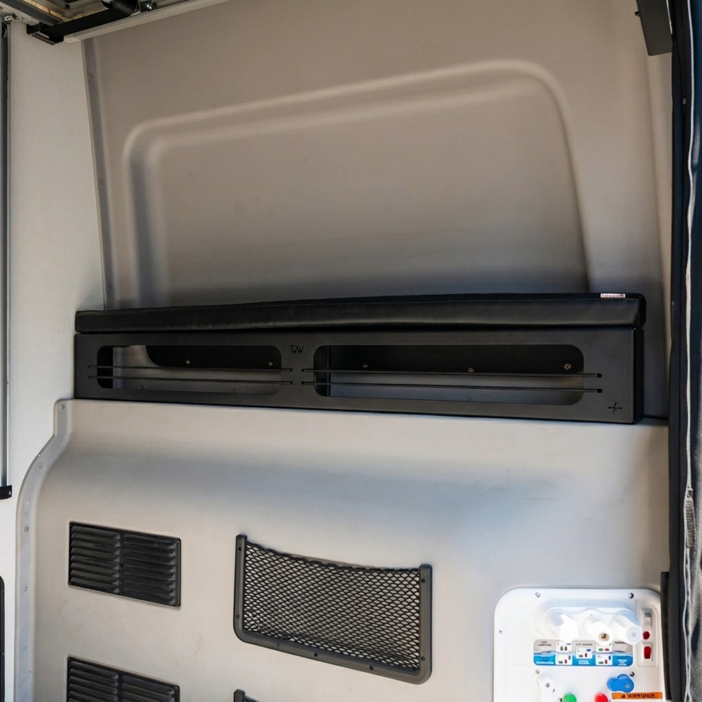 Revel 6-inch bed risers installed on rear wall inside van interior.