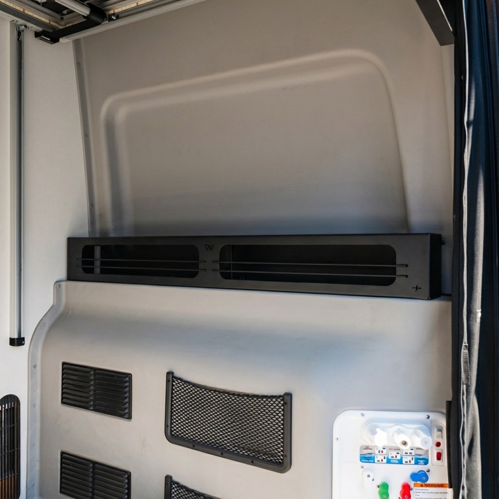 Revel 6-inch bed risers installed in rear van interior wall for added clearance and storage space.
