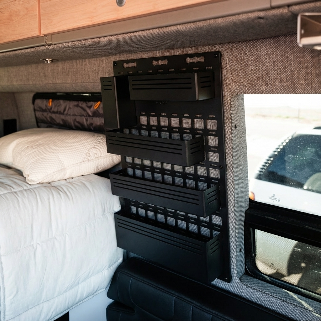 Storyteller Shower MOLLE Panel mounted on van wall beside bed and window