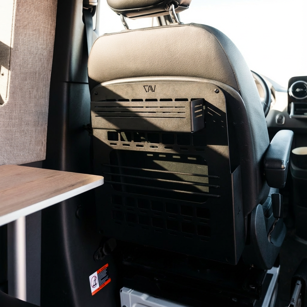 CAV Seat Backpack mounted on back of van seat with storage slots and compartments