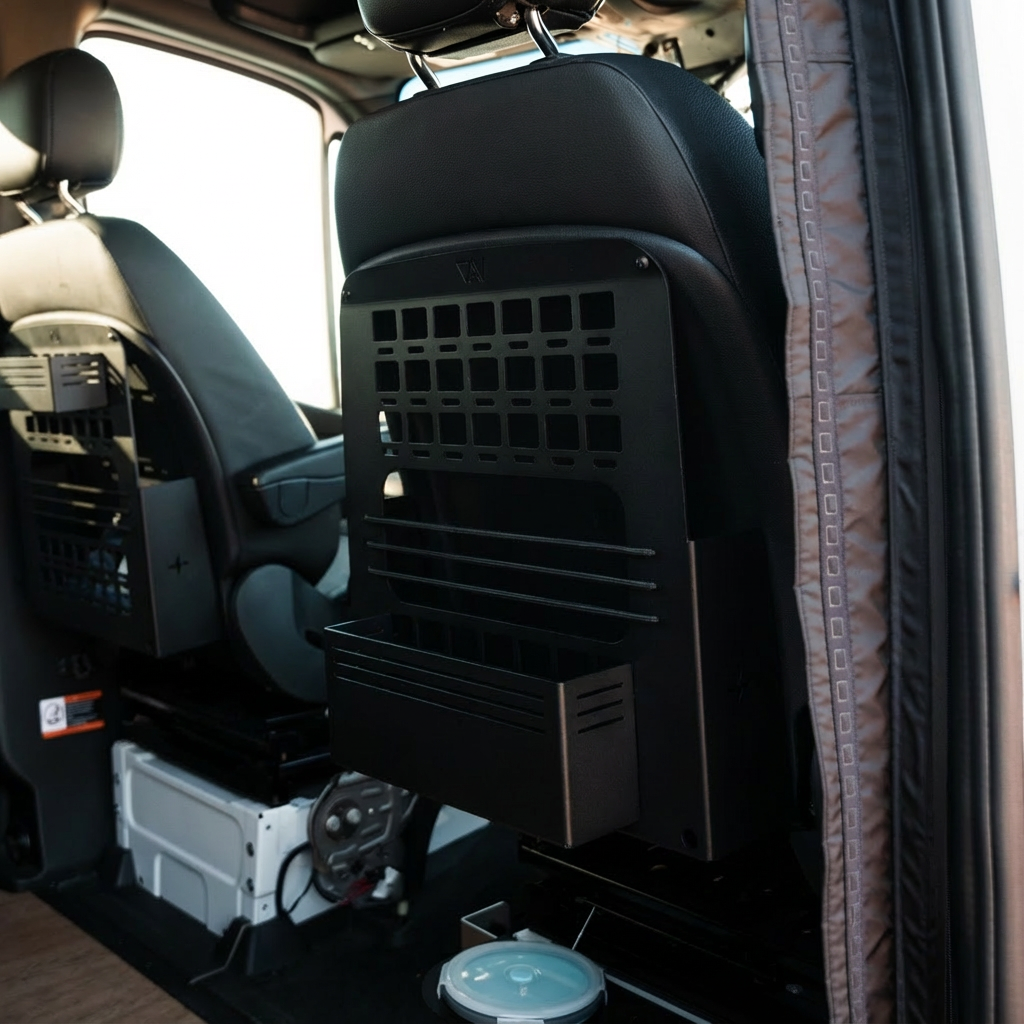 CAV Seat Backpack mounted to back of van driver seat with storage grid and lower compartment