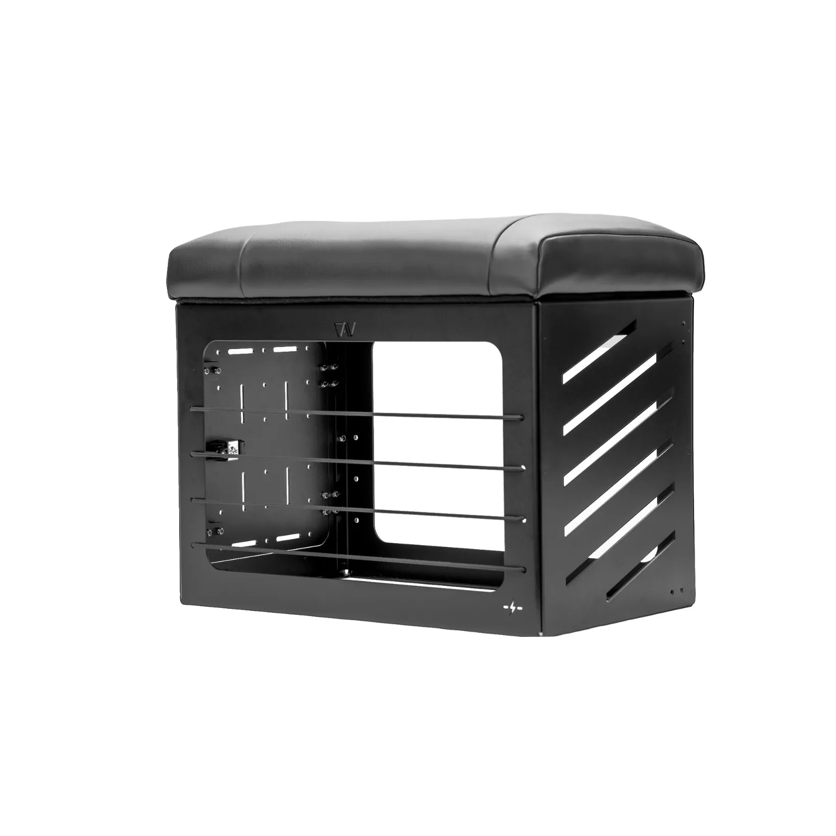 GLSS PRO bungee box with cushioned top and open metal frame for van driver seat setup