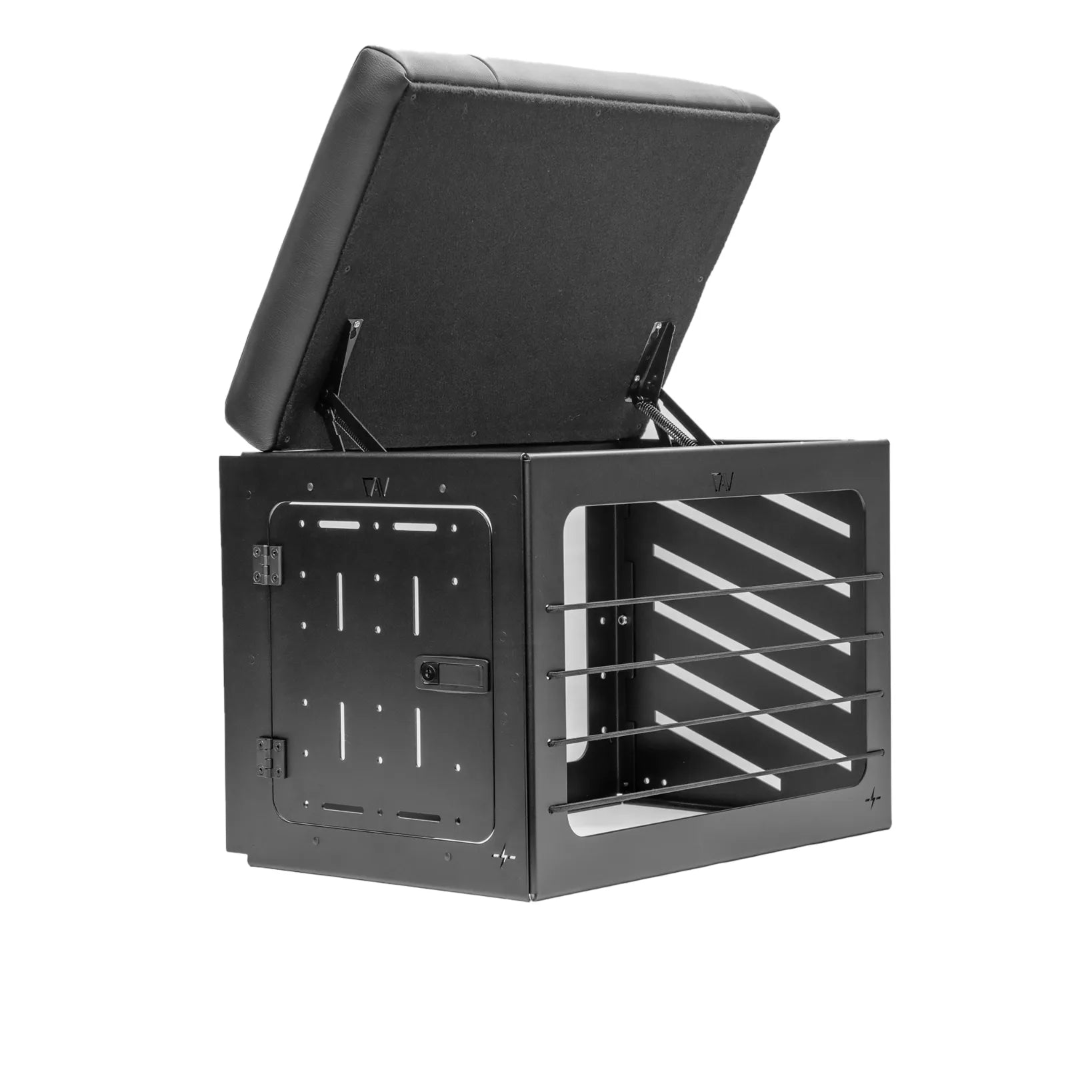 GLSS PRO Bungee Box (Driver) with open padded lid and vented metal sides, designed for van storage.