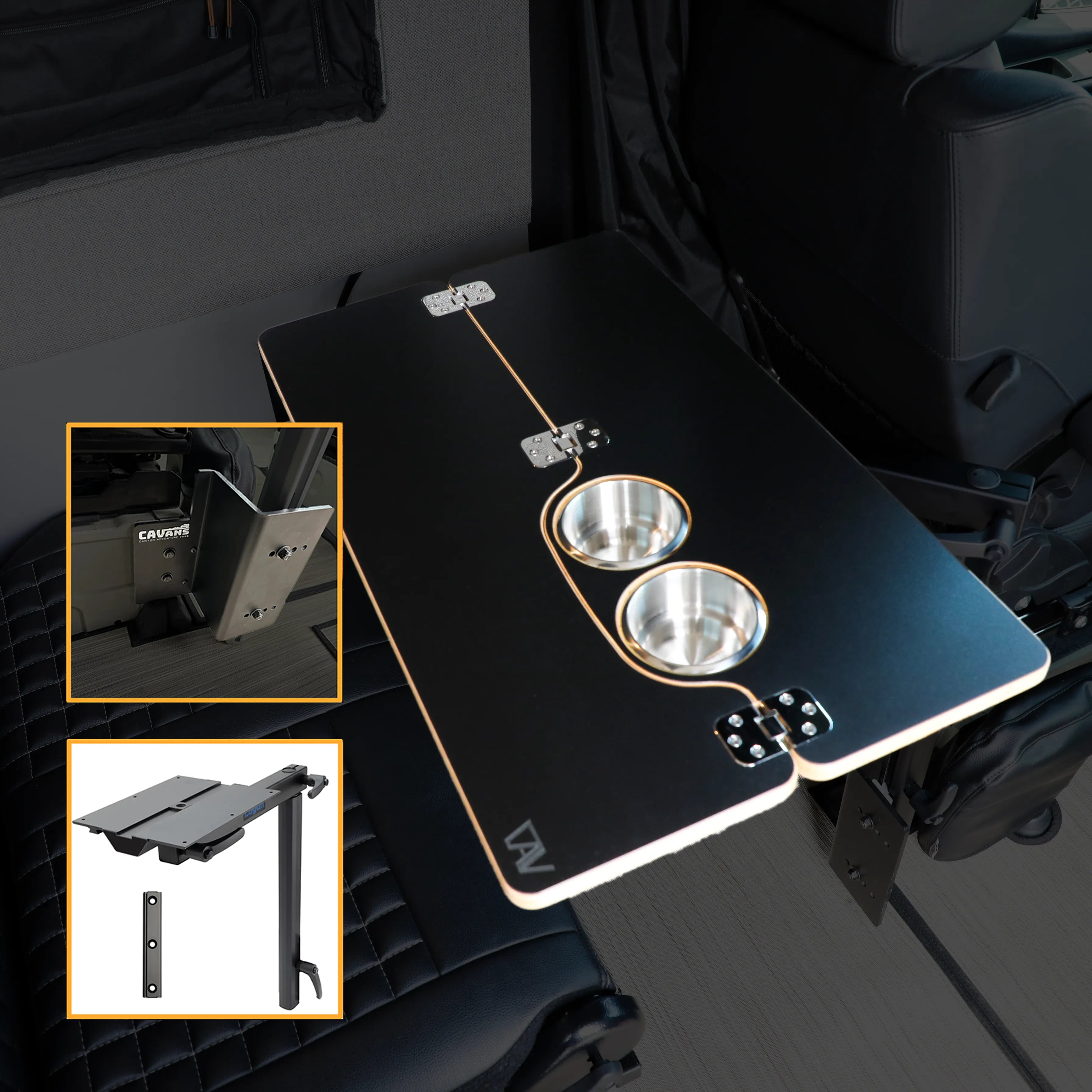 Revel CAV console table bracket bundle with black table and dual cup holders installed in van interior.