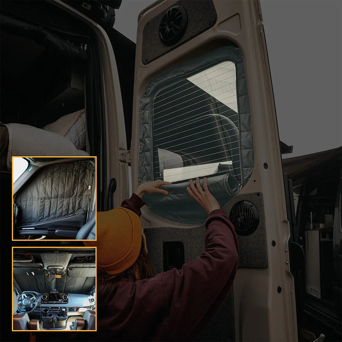 Person installing Clima-Shade on rear door window of Sprinter van interior.