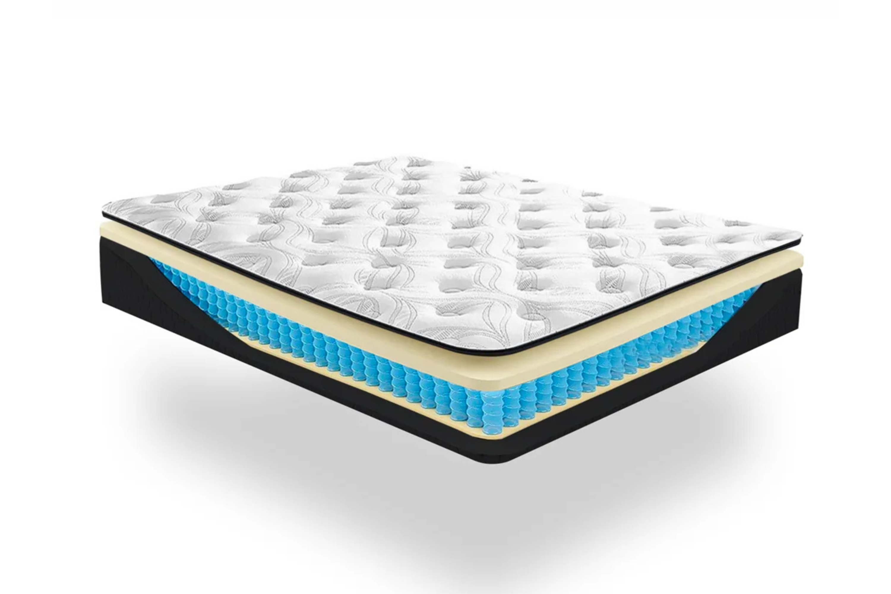 Ultra Luxe Home Mattress with layered foam and blue cooling gel coils, shown in cutaway view