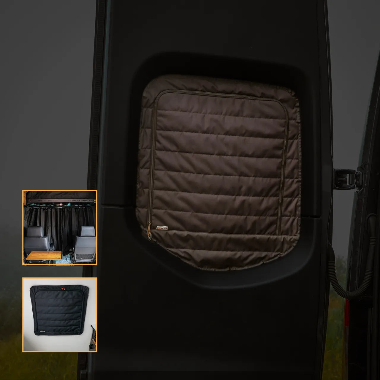 Clima-Shade cover installed on rear door window of a van with quilted design visible.