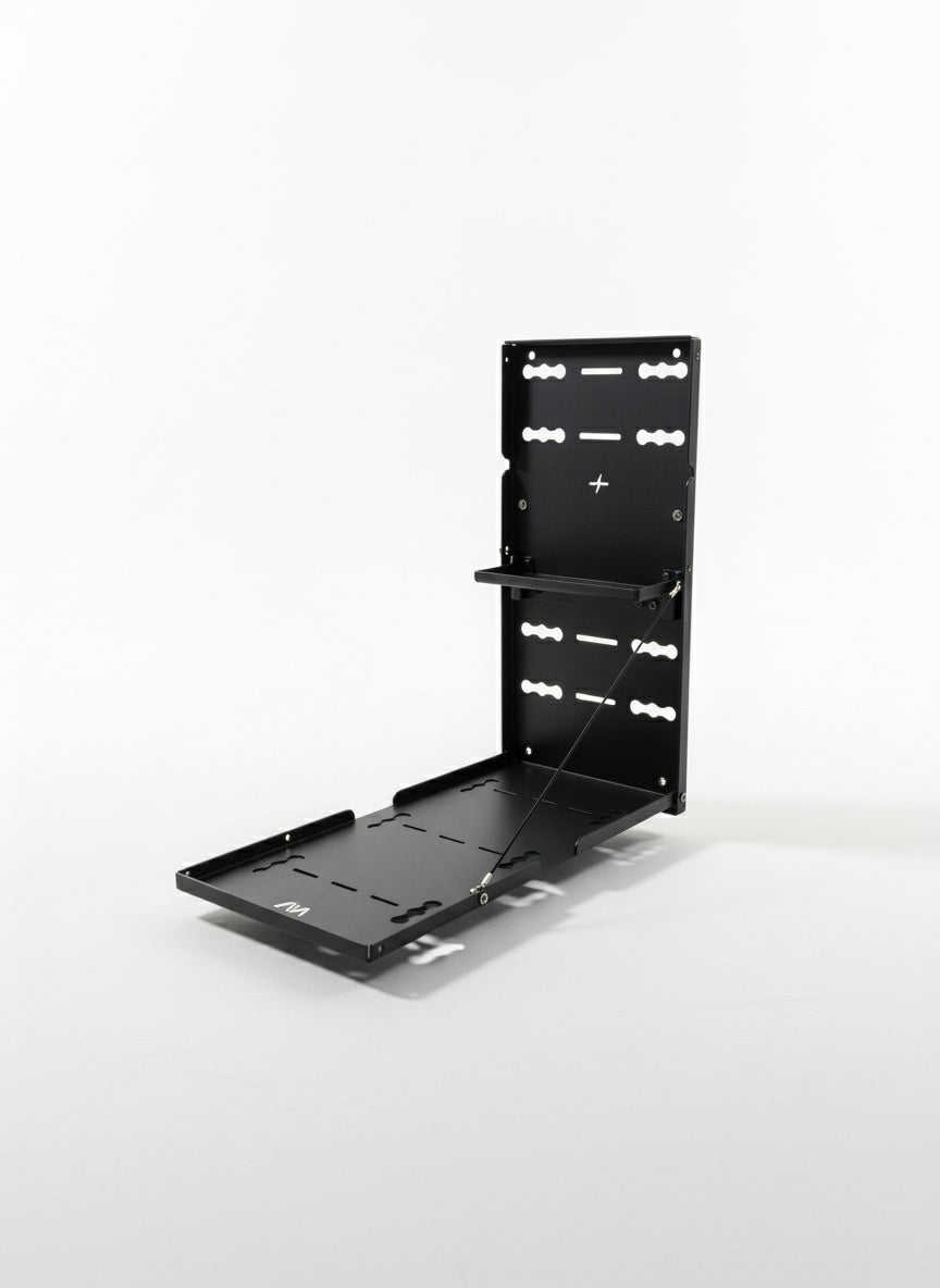 Canyon Drop Down Table mounted open on white background showing black metal frame and slots