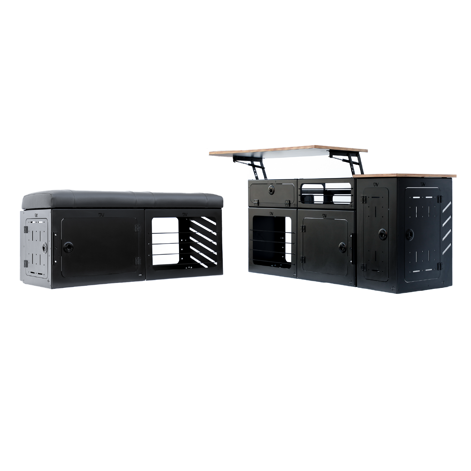 GLSS Pro storage system set for driver and passenger side, featuring black metal cabinets and wood top.