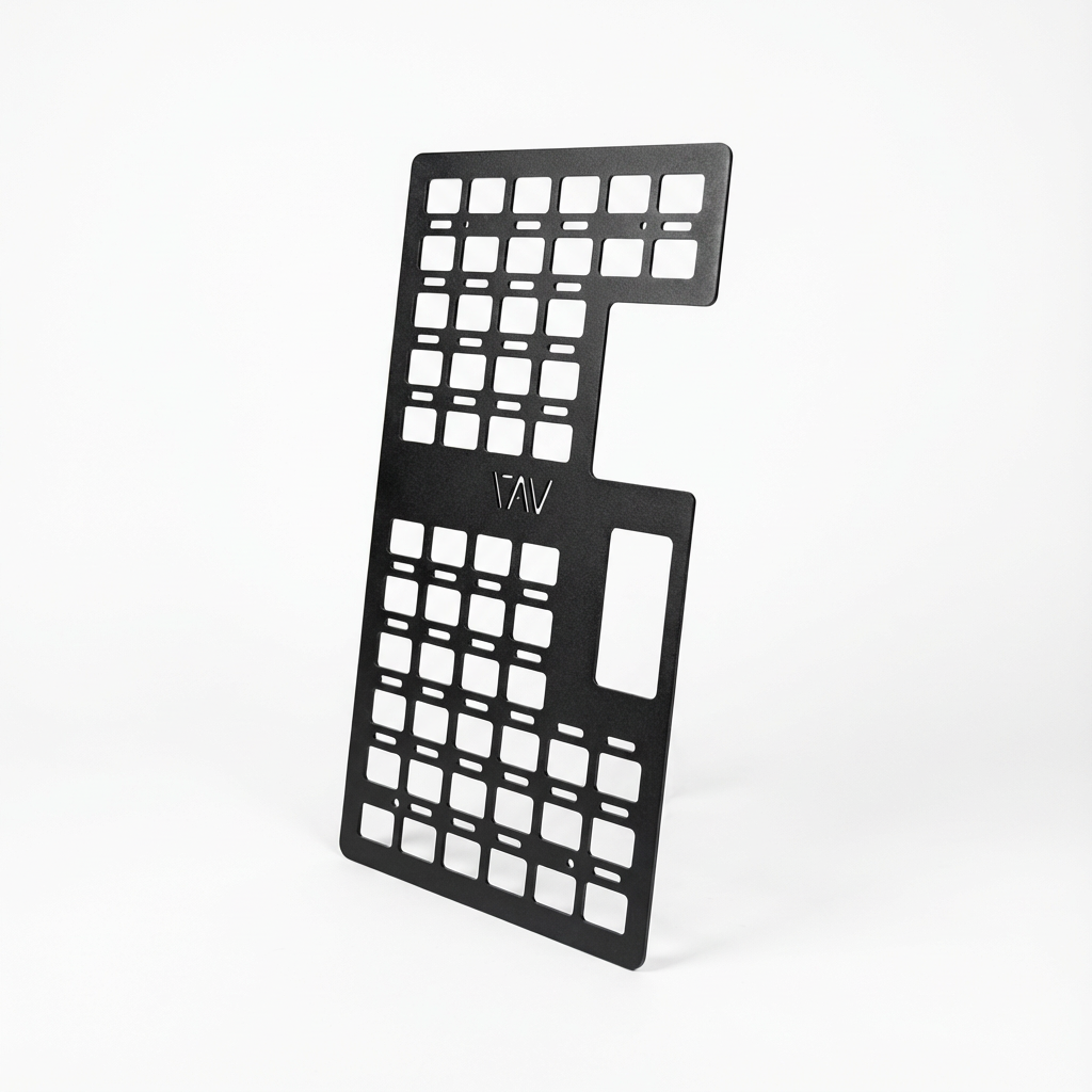 Storyteller Galley MOLLE Panel by VAV, black metal panel with modular cutouts for van mounting.