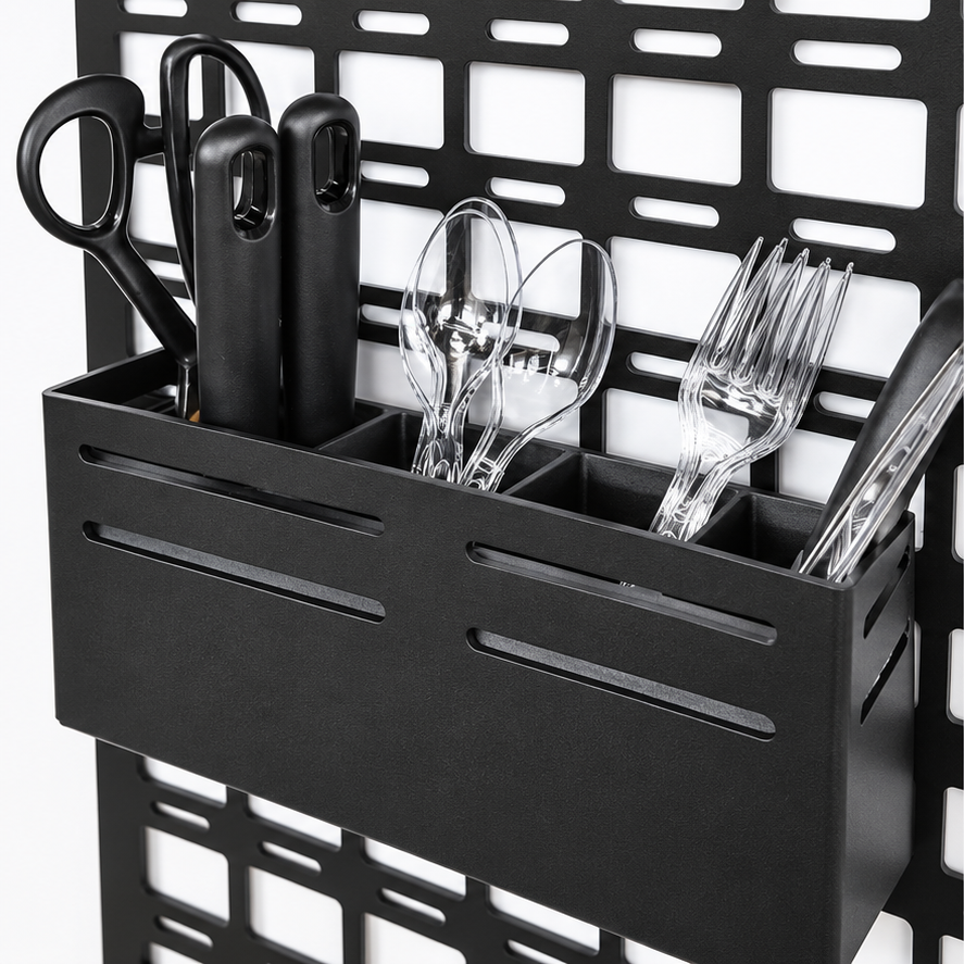 cav molle shelf caddy black attached to black molle panel with 4 compartments showing silverware, scissors, can opener tools inserted into compartment organizer