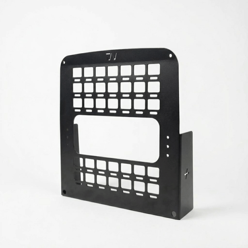 CAV Seat Backpack panel with grid cutouts for mounting gear in a van interior.