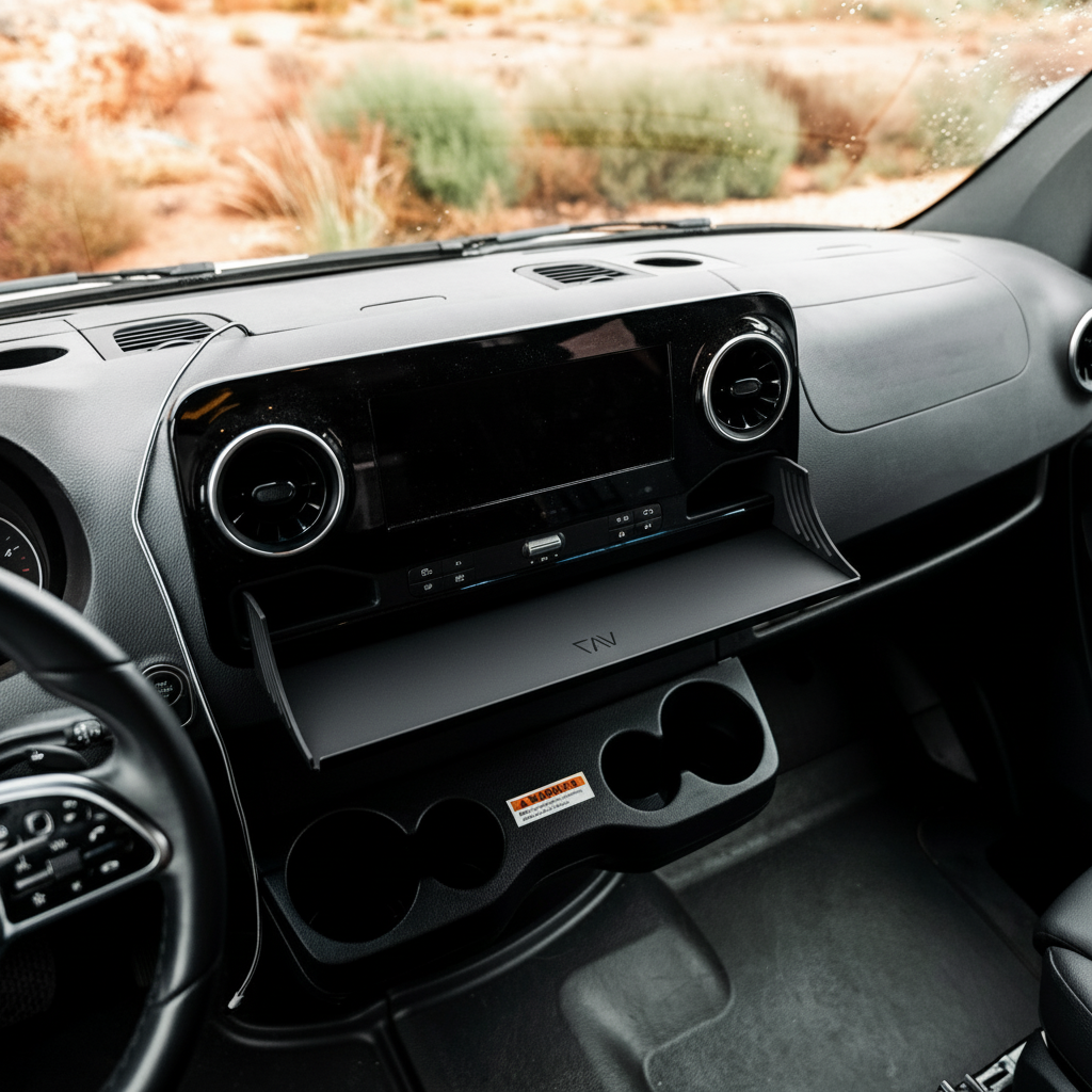 CAV D-ash Tray mounted below the dashboard of a van interior with cup holders visible