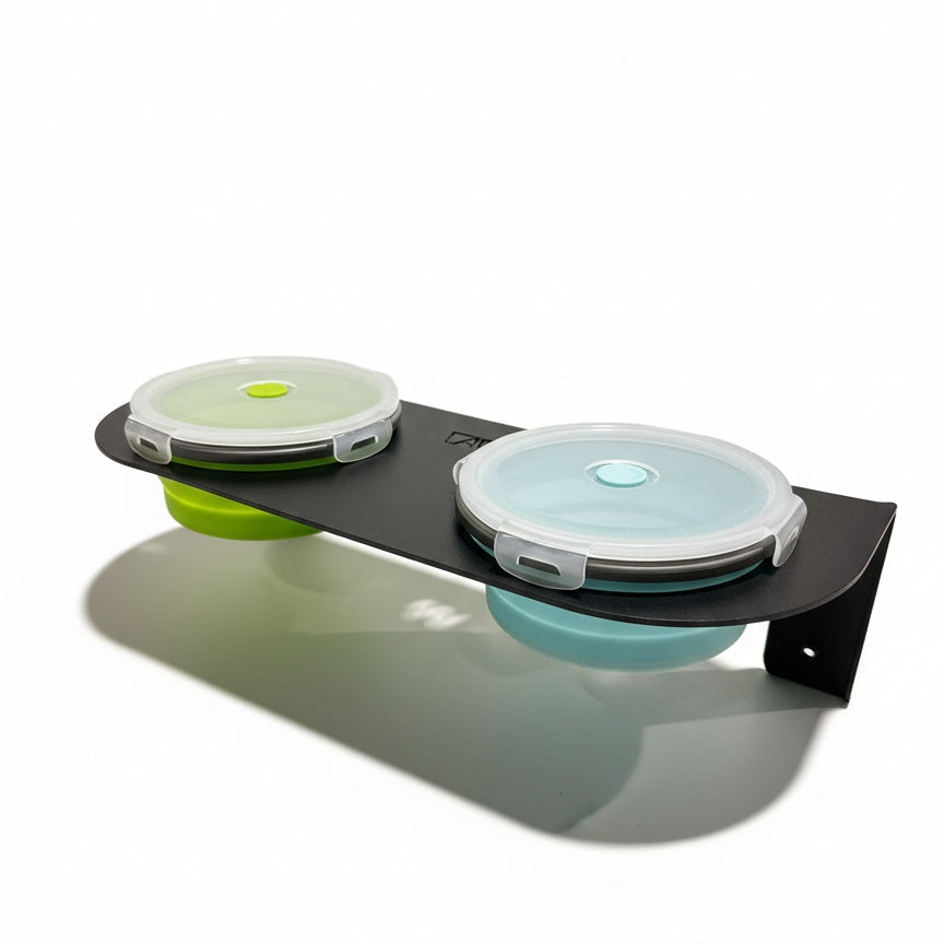 Canyon Pet Bowl with two lidded bowls mounted on a black wall bracket