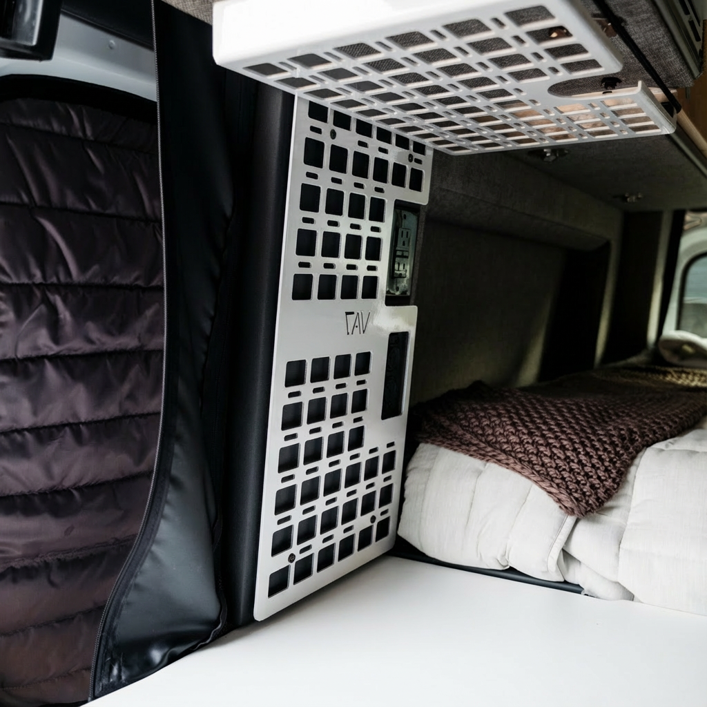 Storyteller Galley MOLLE Panel by TAV mounted between van bed and storage shelf.