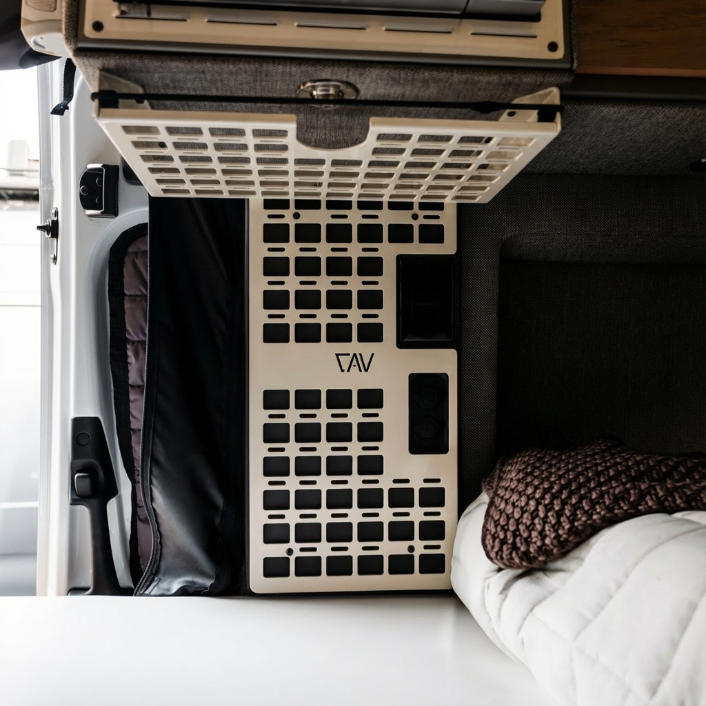 Storyteller CAV MOLLE panel mounted in van interior above bedding and storage area