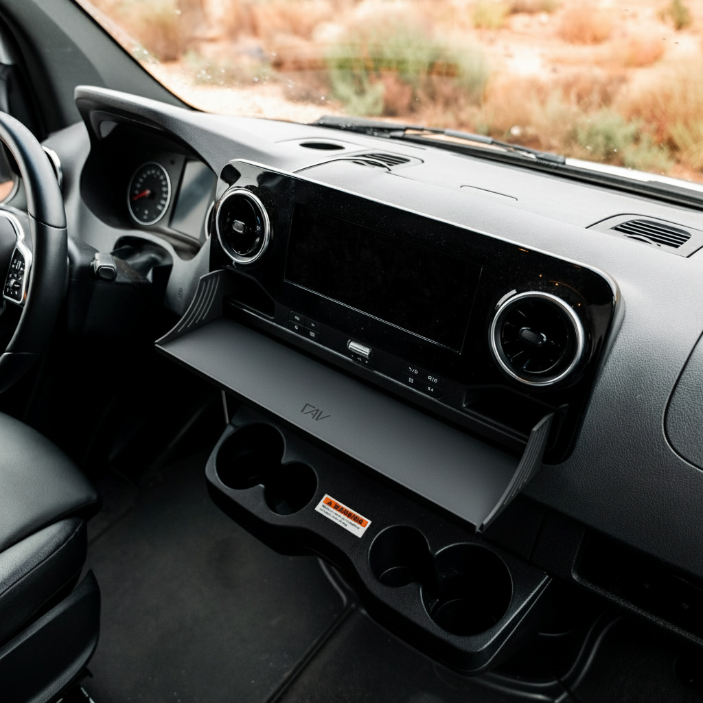 CAV D-ash Tray installed in van dashboard, adding storage below infotainment system.