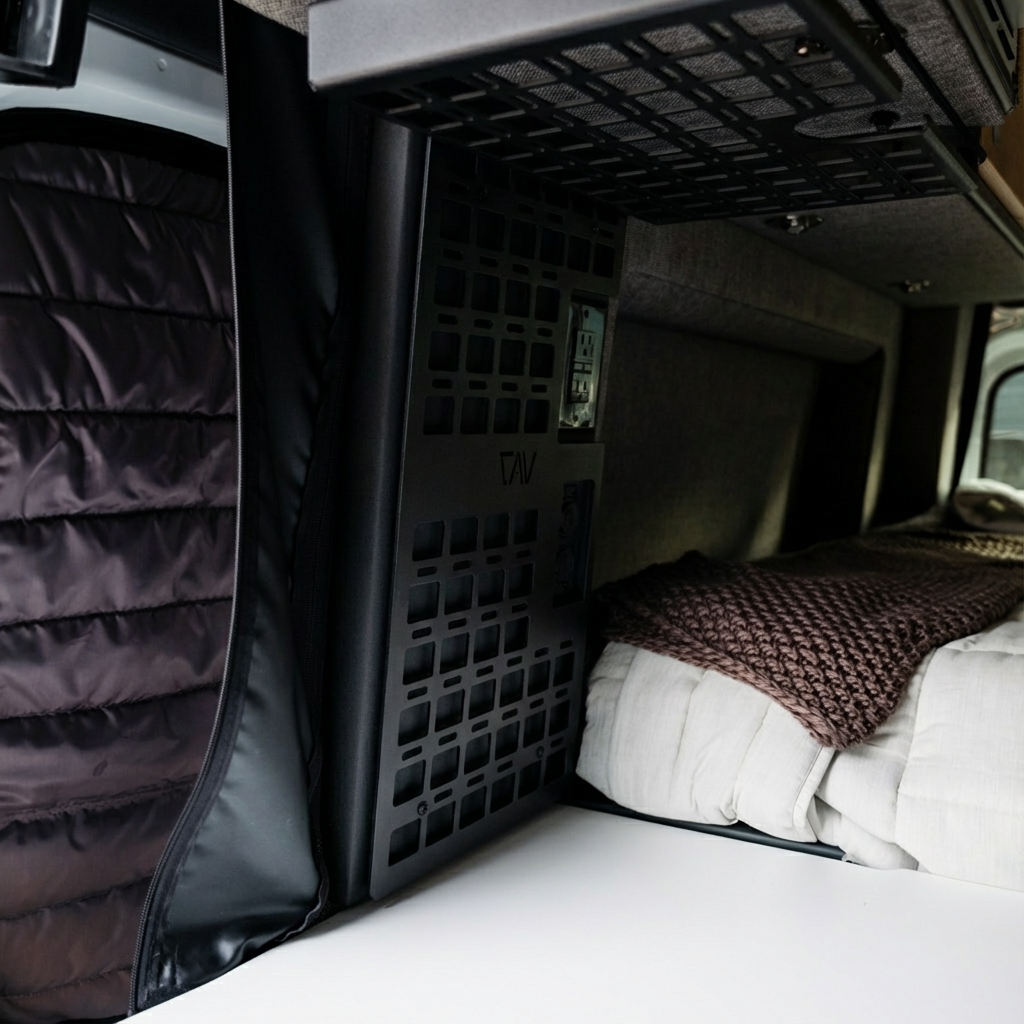 Storyteller MOLLE panel installed in van next to bed with brown quilt and gray padded wall.