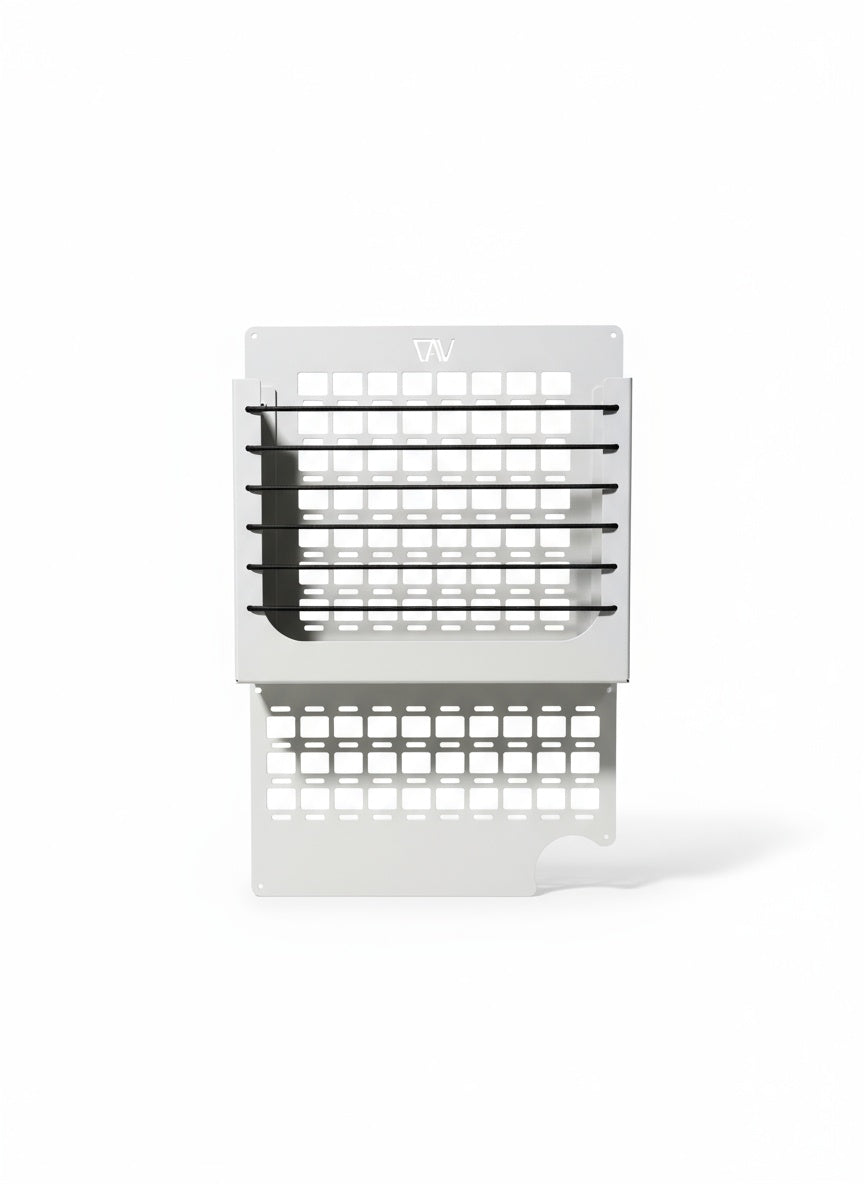 beige MOLLE Shelf System for winnebago ekko sprinter with grid panels and built in storage compartment with bungees across