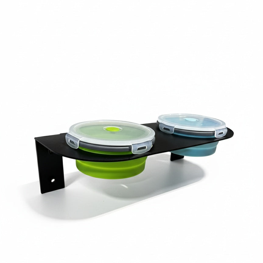 Canyon Pet Bowl with dual removable containers and lids on a black wall-mounted tray