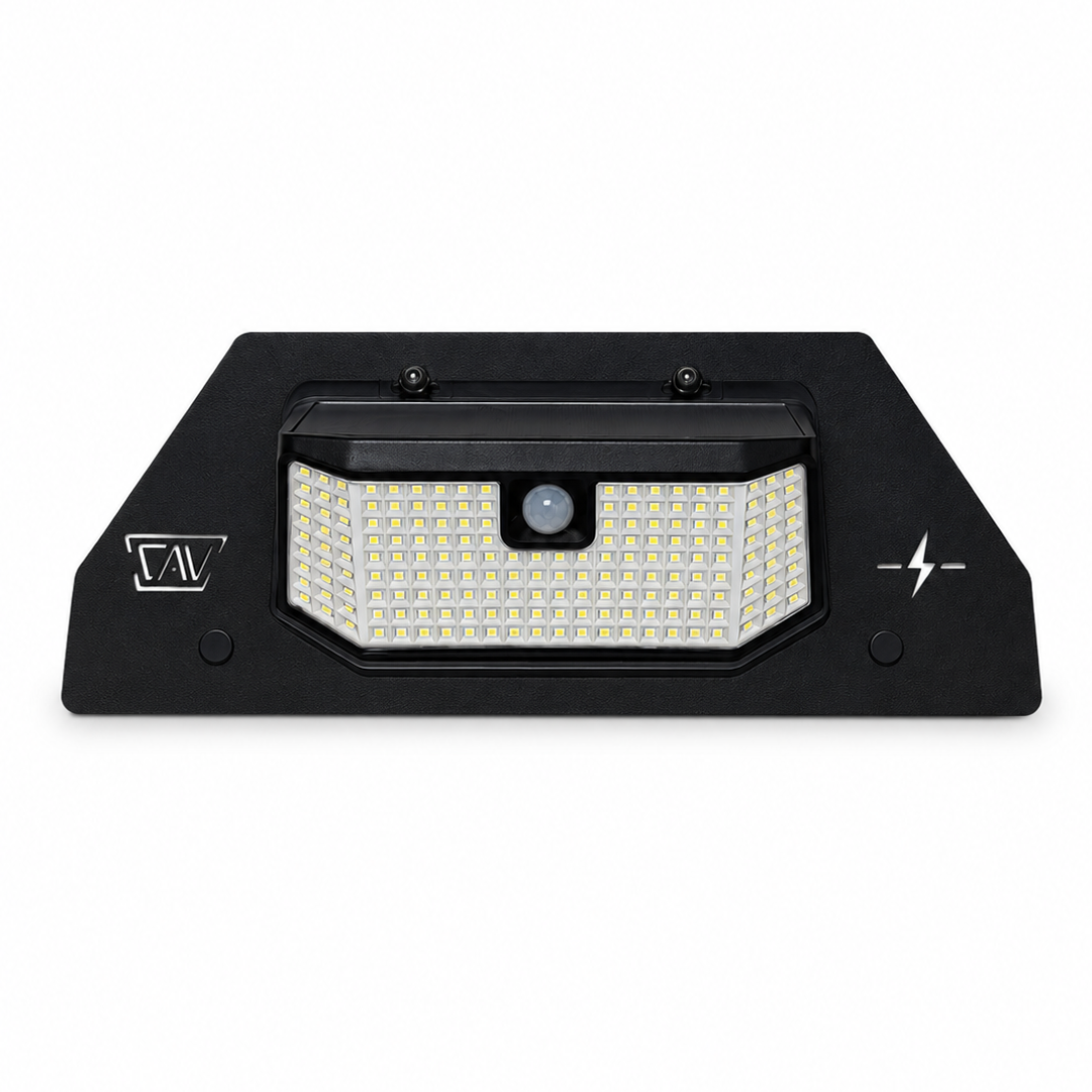 front view solar motion sensor light portable shows cav logo and lightning bolt