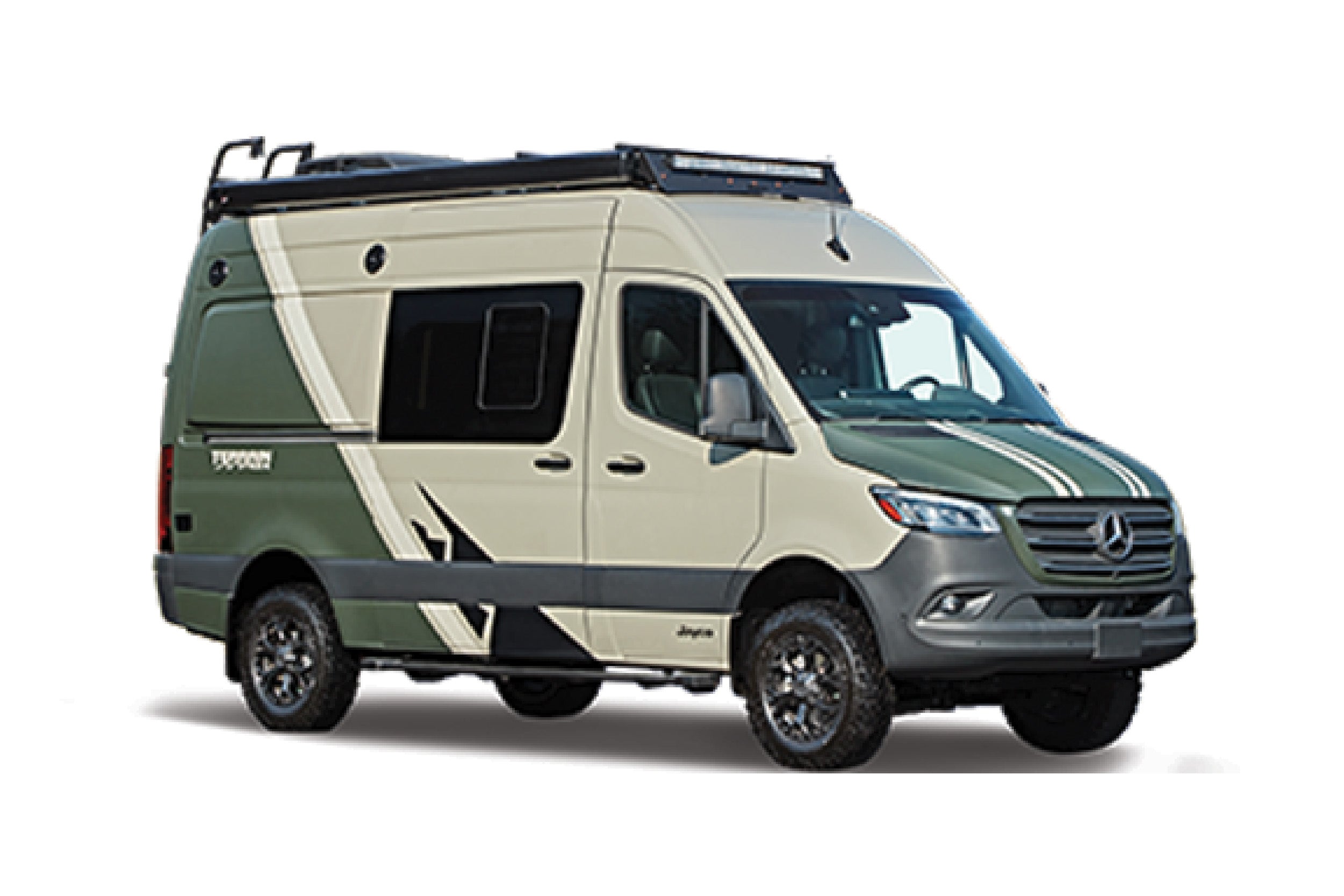 Side view of a luxury motorhome with large windows and sleek design.
