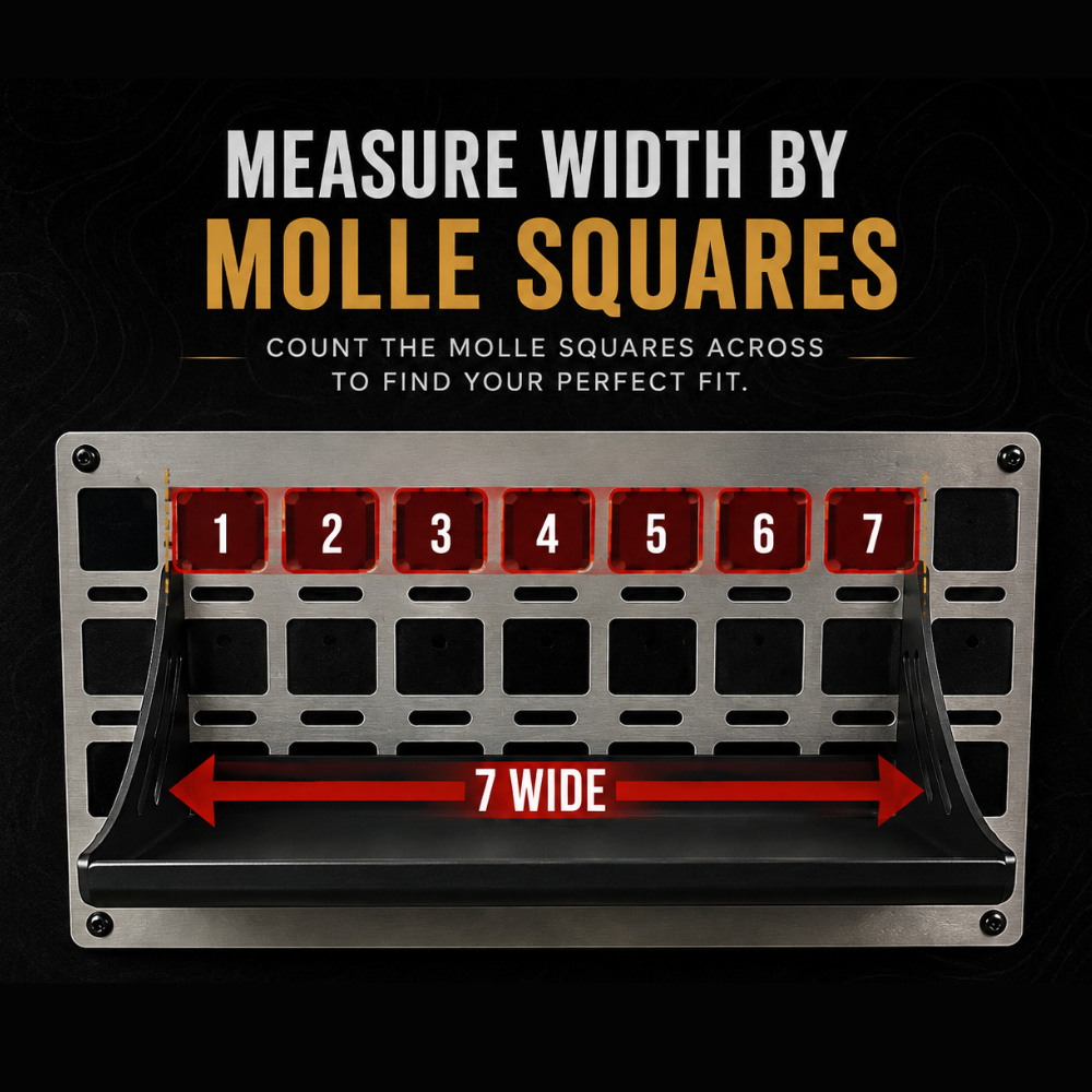 cav molle tray width-measuring guide labeled 'MEASURE WIDTH BY MOLLE SQUARES' with numbered red squares across the top and a black lower bar marked '7 WIDE' on a black background.